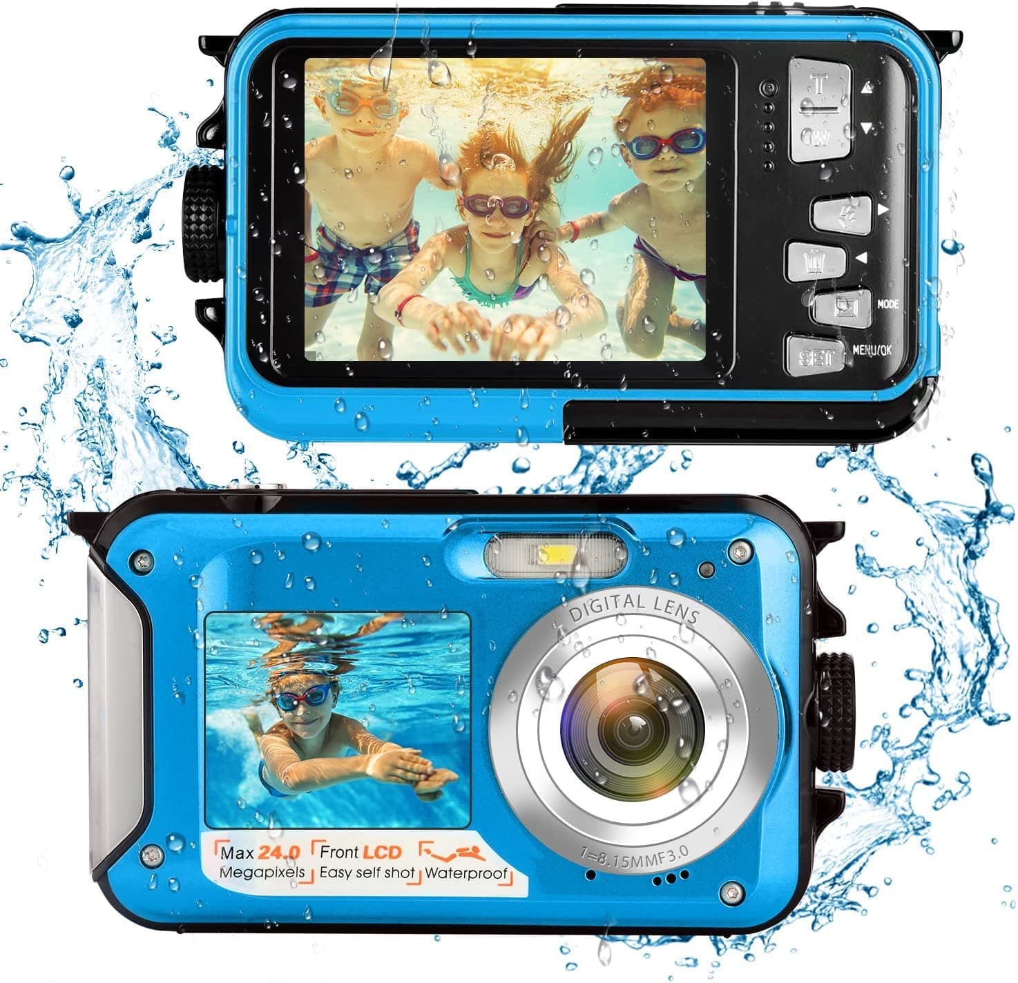 Waterproof Camera, 2.7K Full HD Underwater Camera, Digital Waterproof Camera with 48 Megapixel 16x Digital Zoom, Dual Screen Selfie Digital Camera VCR, Underwater for Snorkeling