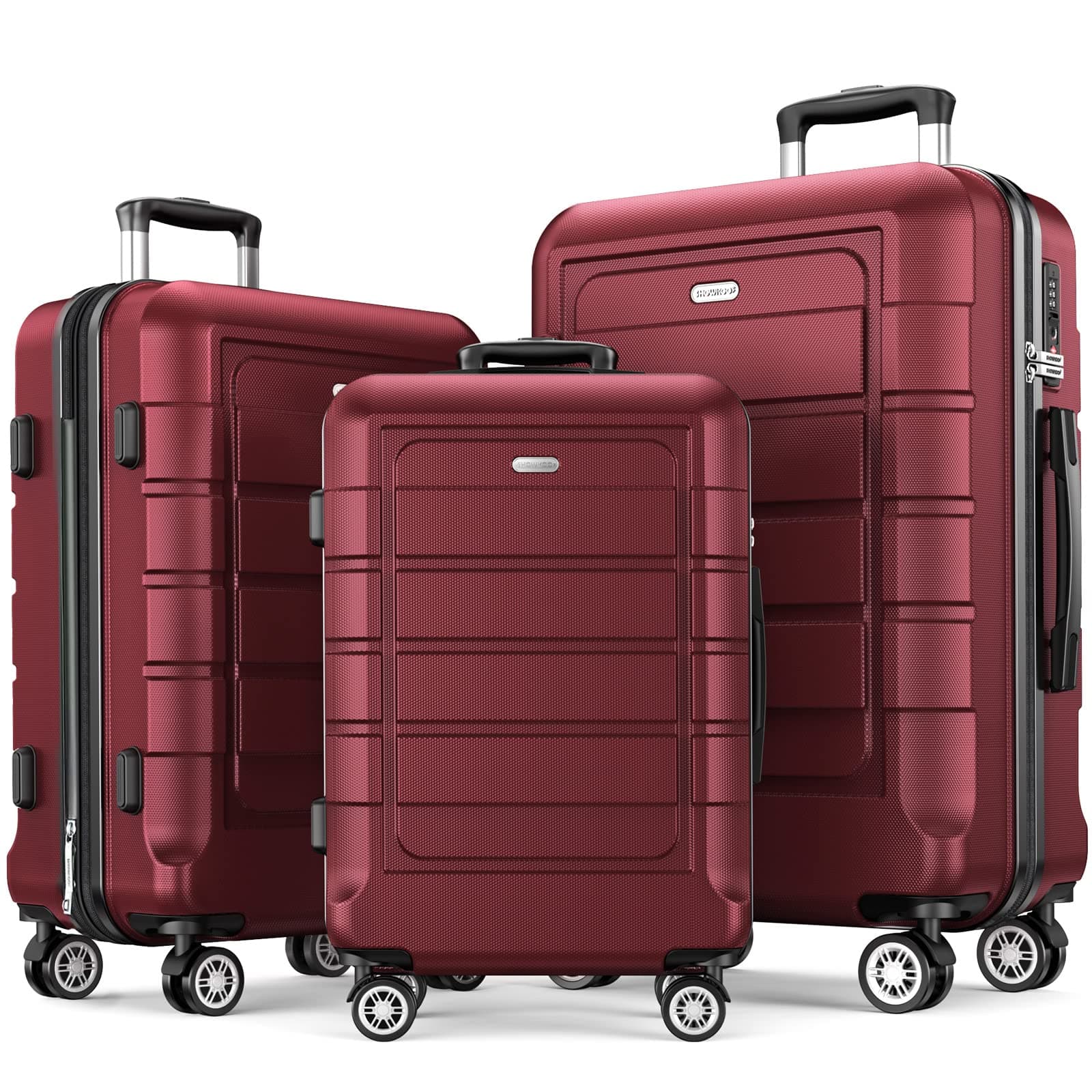 SHOWKOO Luggage Sets 3 Piece Expandable 100% PC Durable Hardshell Suitcase with Wheels TSA Lock Lightweight Wine Red