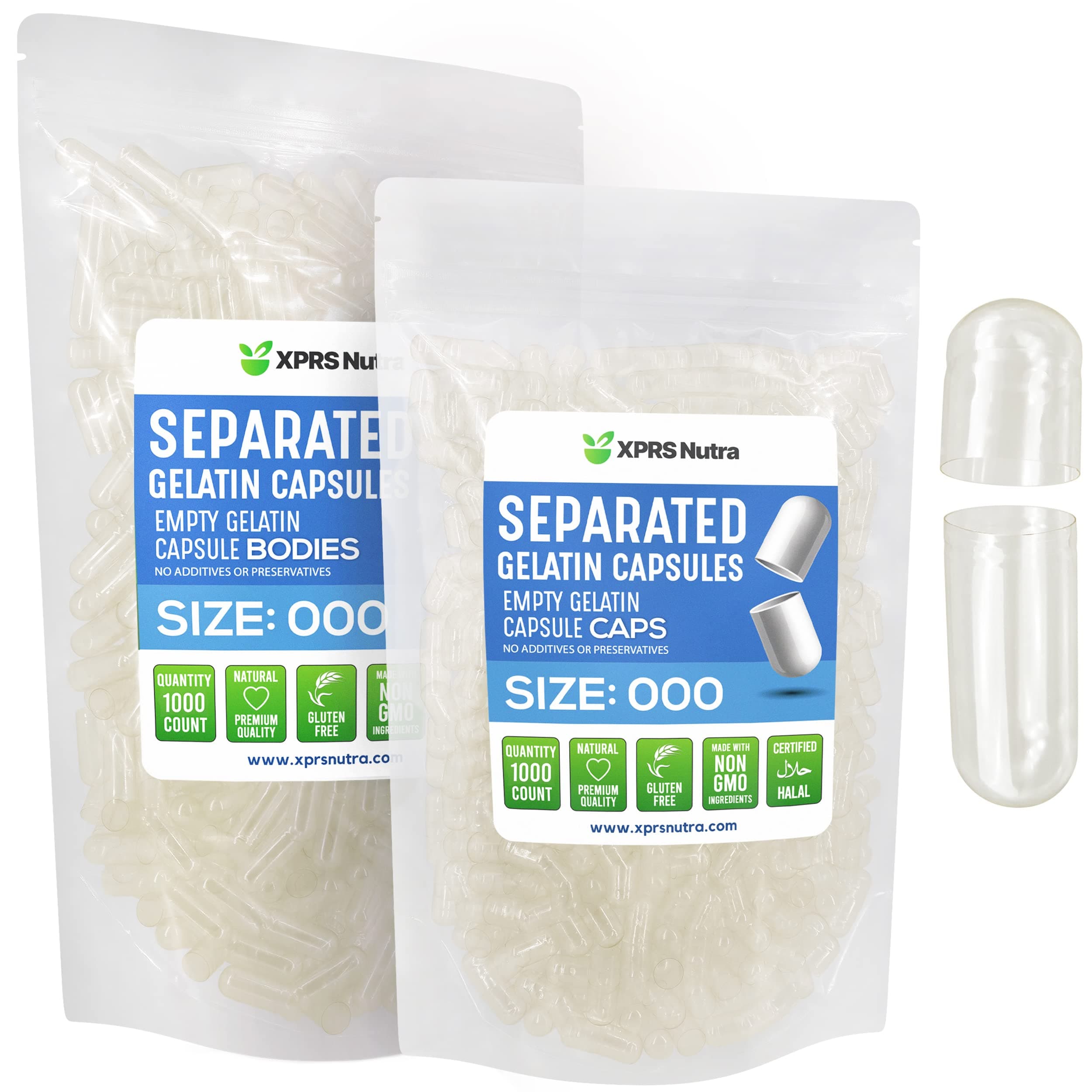 XPRS Nutra Separated Capsules Size 000-1000 Count Clear Large Empty Gelatin Capsules Separated in Bags - Premium Clear Empty 000 Pills for DIY Supplement Filling