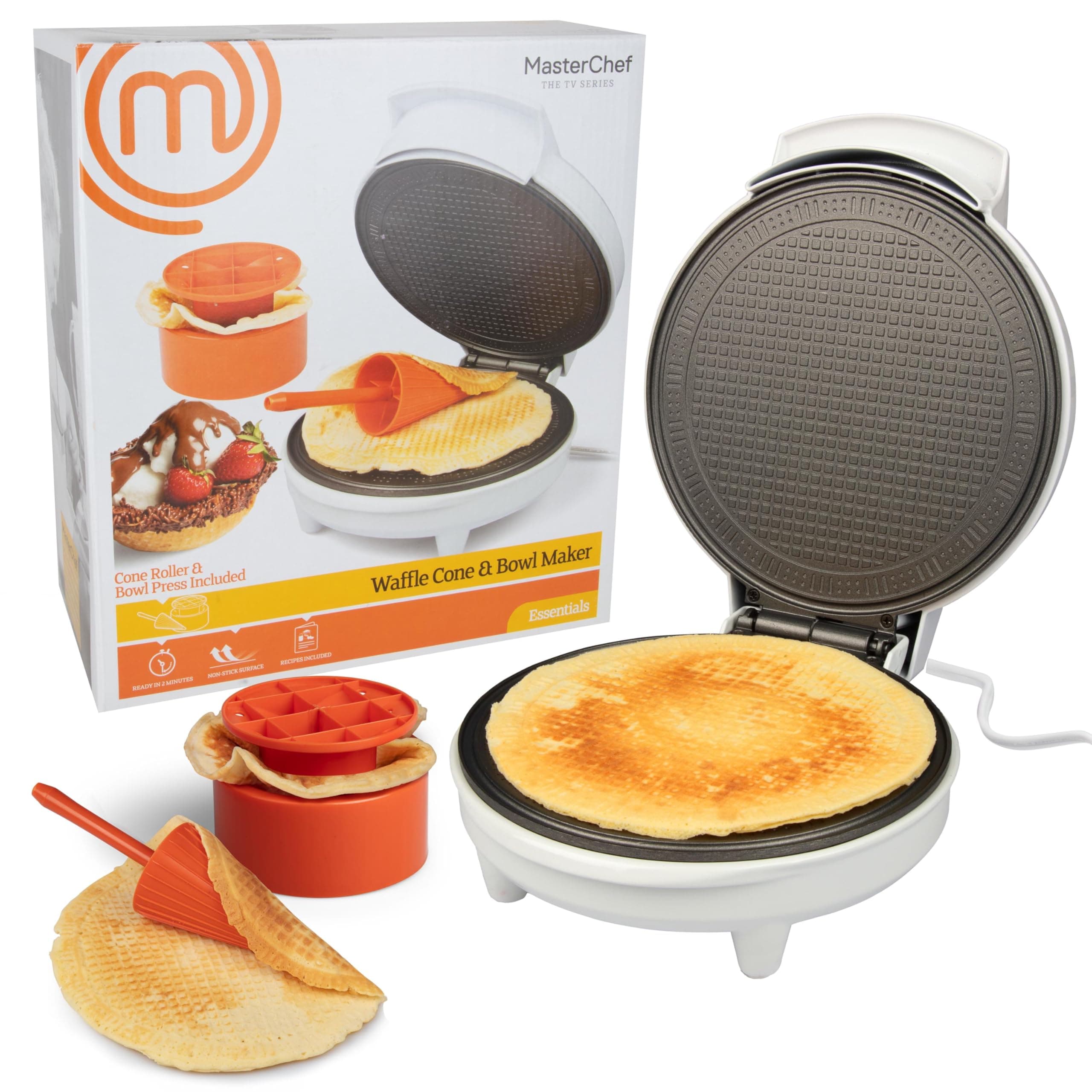 MasterChef Waffle Cone and Bowl Maker- Includes Shaper Roller & Bowl Press- Homemade Ice Cream Cone Treat Baking, Cookie Iron Machine, Portable Electric Kitchen Appliance for DIY Sundae Parties, Gift