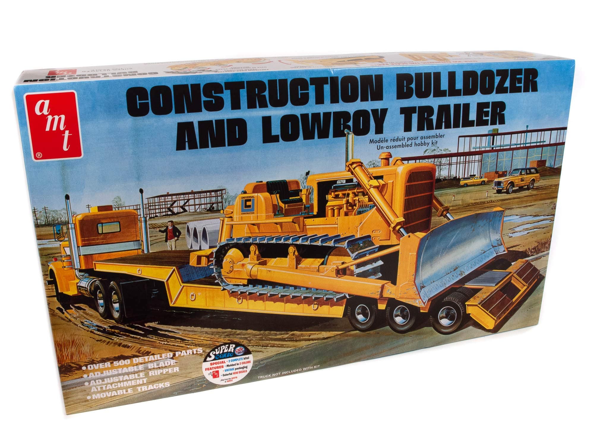 Lowboy Trailer & Bulldozer Combo 1:25 Scale Model Kit (AMT1218),Black
