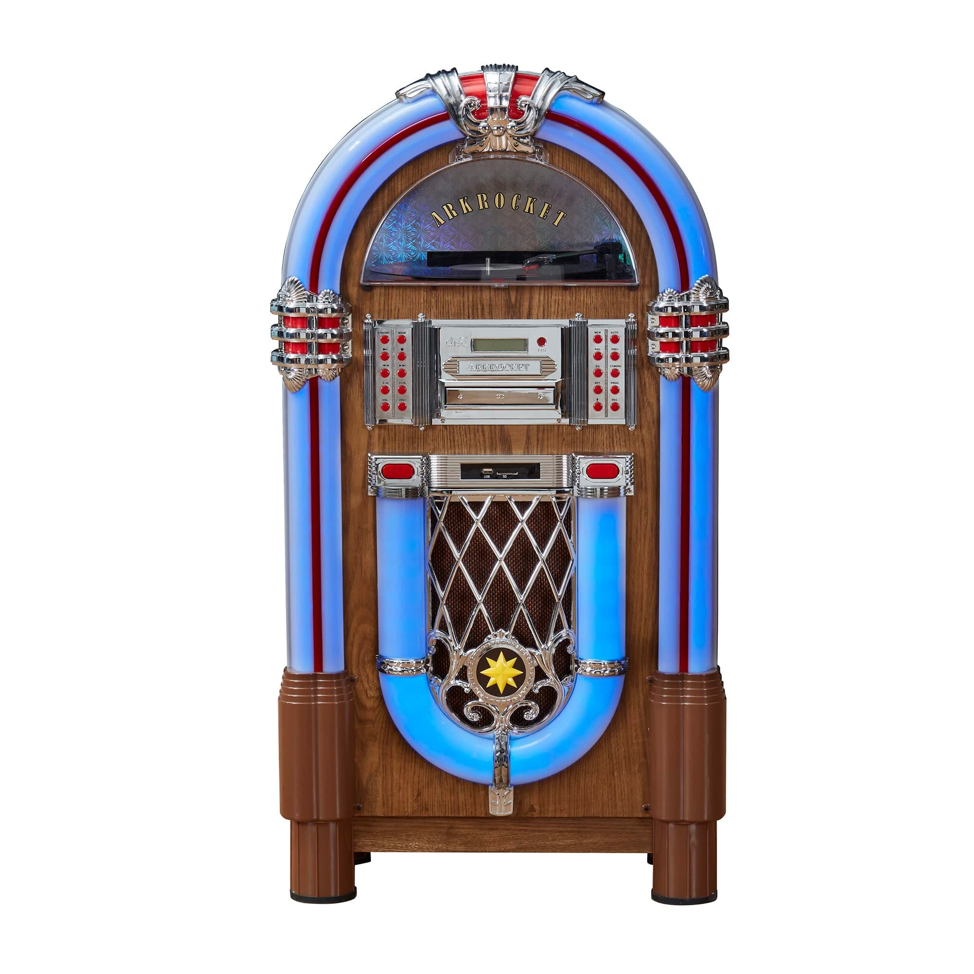 Arkrocket Full Size Jukebox Vinyl Record Player Bluetooth USB SD CD Player Radio Retro Turntable Classic Jukebox (Taurus II - Oak)