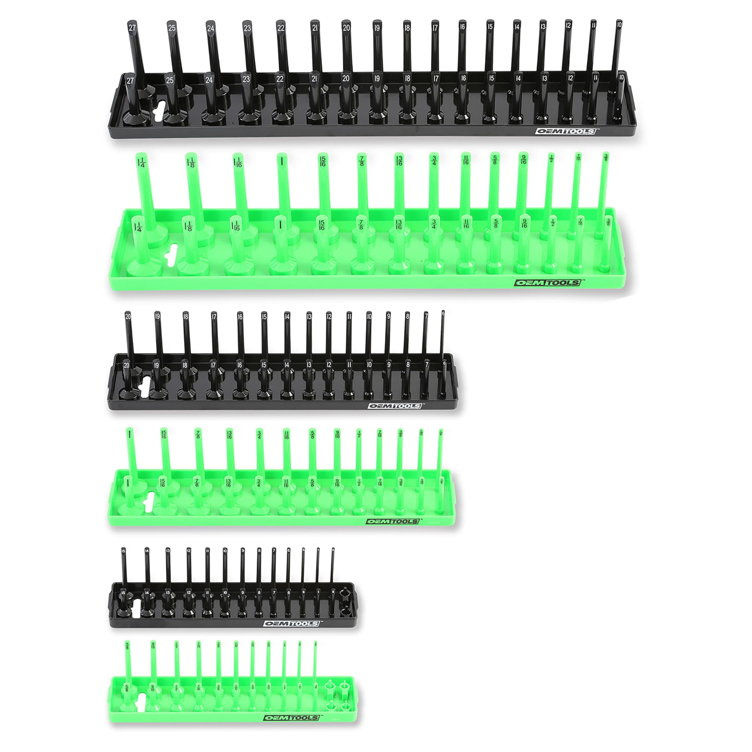 OEMTOOLS 22233 6 Piece Socket Tray Organizer Set, Green and Black, Socket Rails, Holds 80 SAE & 90 Metric Sockets, Deep and Shallow, 1/4", 3/8", & 1/2" Drive