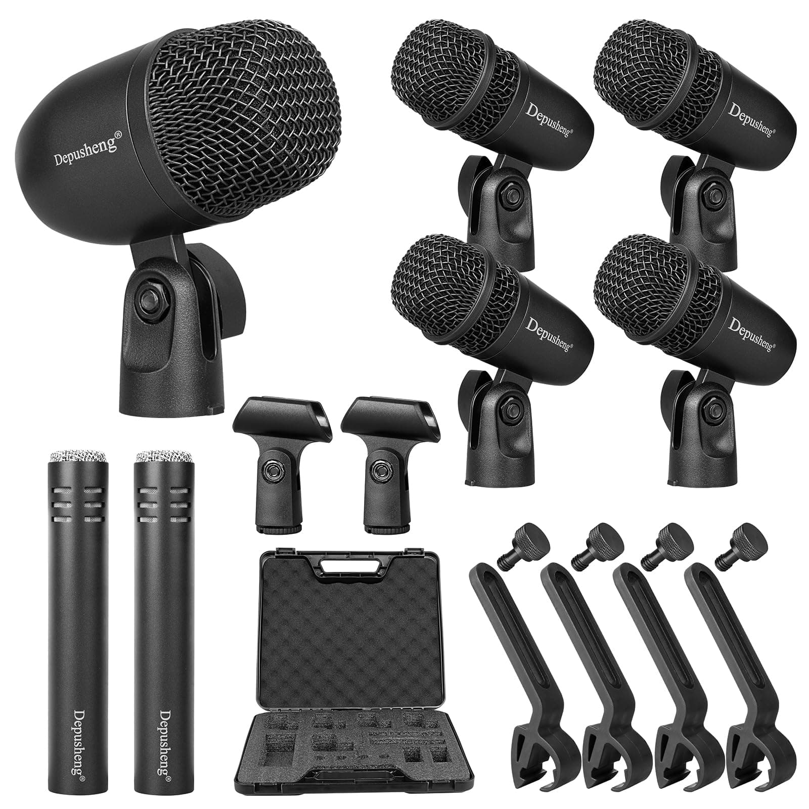 Depusheng 7-Piece Drum Microphone Set with 5 Dynamic Percussion Microphones and 2 Condenser Percussion Microphones Ideal for Instrument Recording and Music Production