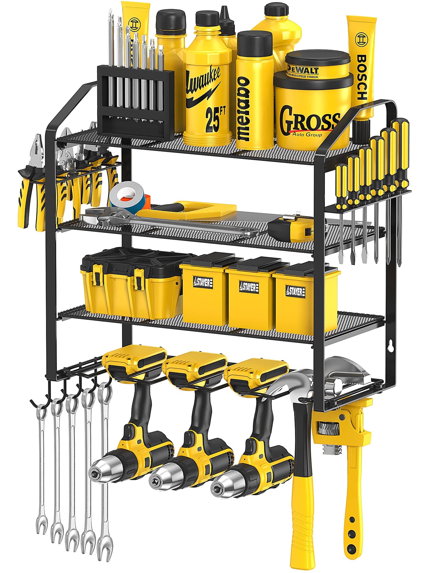 Power Tool Organizer Storage Rack Wall Mount Drill Holder for 4 Power Drill Tools, Mesh anti-drop design, Tool Shelving with Side Screwdriver Rack and hooks for Garage, Workshop (Black)