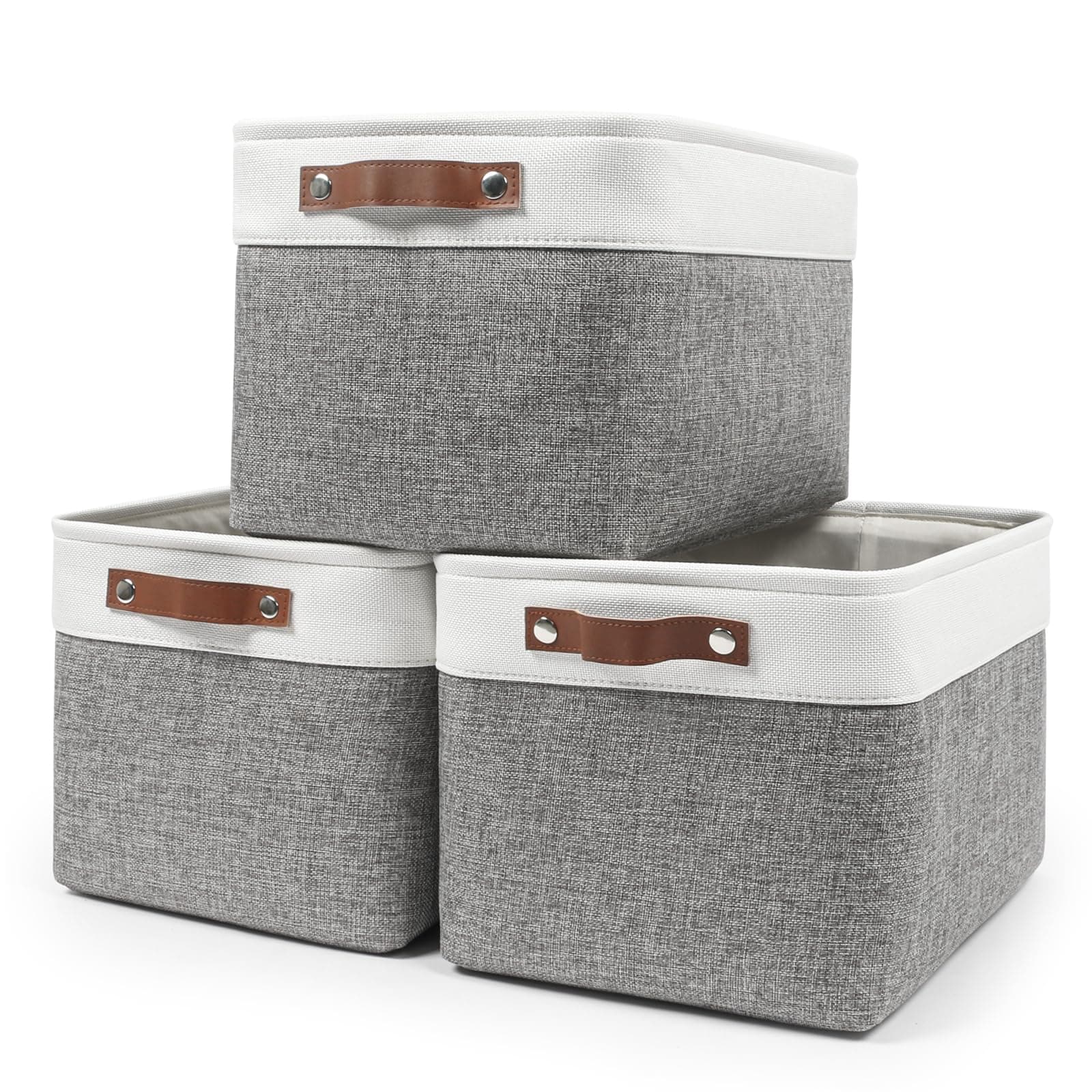 Bagnizer Storage Bins Large Fabric Storage Baskets for Shelves 3 Pack, Decorative Linen Closet Baskets with Handles for Organizing, Shelf, Clothes, Home, Office, 15x11x9.5Inches (Grey&White)