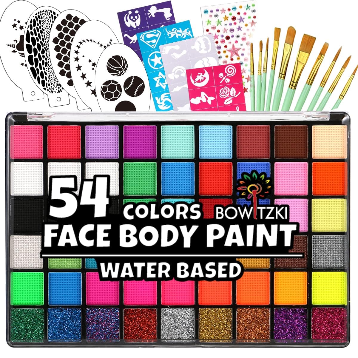 Bowitzki Face Paint Kit with 54 Colors, 8 sheets Stencils, 2 Glitters,10 Brushes, 1 Sheet Gems, Water Based Face Painting Kit, Safe Professional Halloween Party Makeup Set