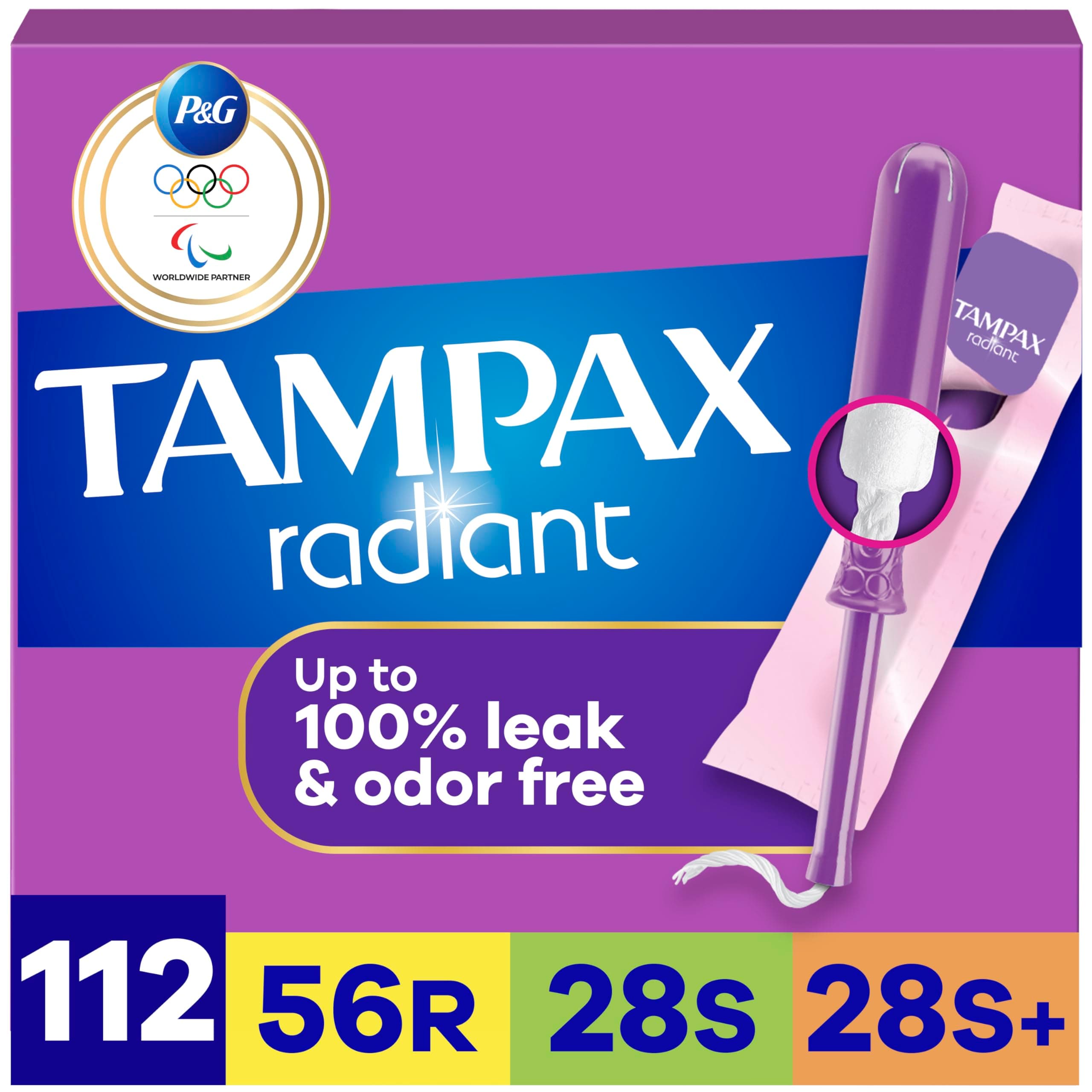 Tampax Radiant Plastic Tampons, Regular/Super/Super Plus Absorbency Triplepack, 112 Count, Unscented (28 Count, Pack of 4-112 Count Total)