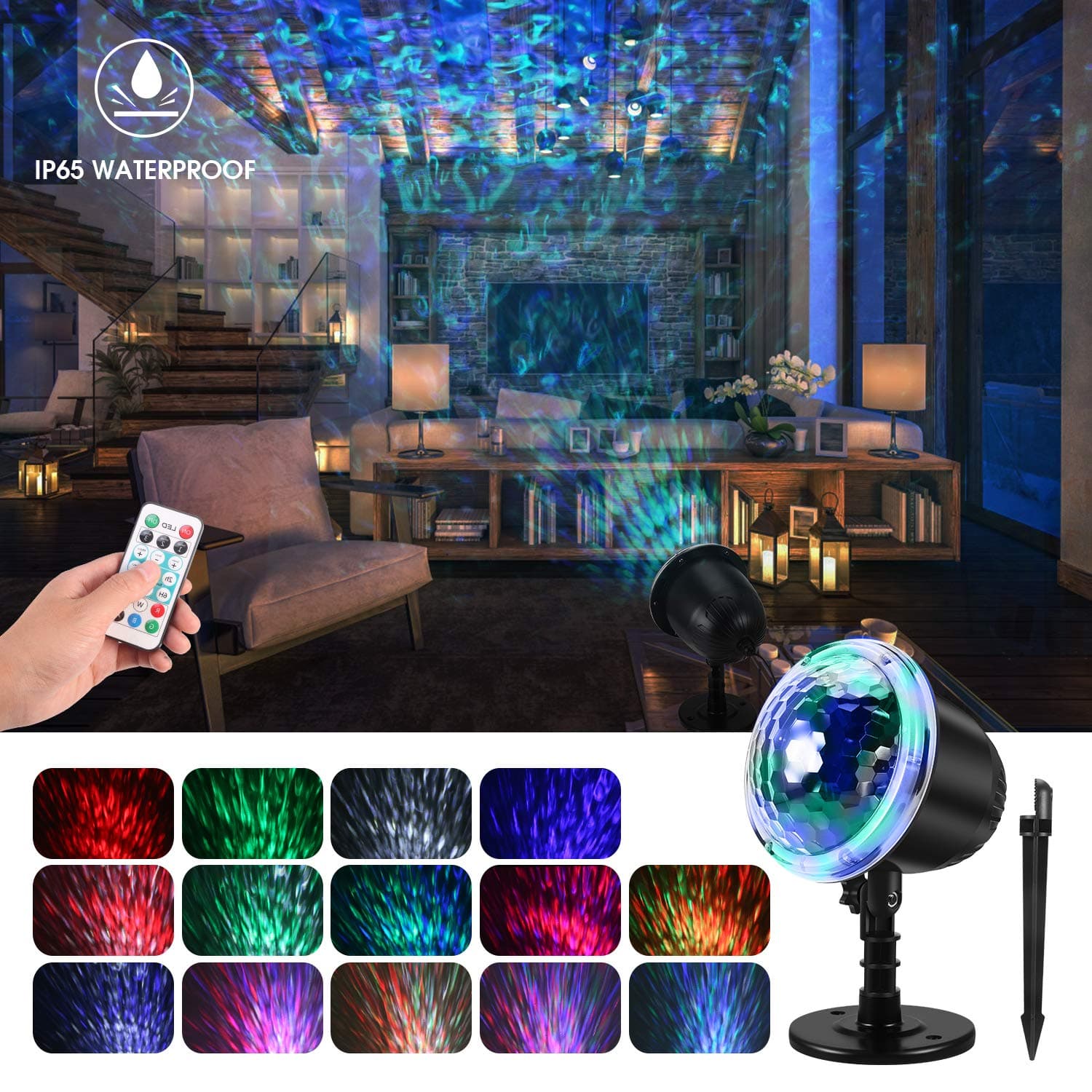 Water Wave Night Light Projector, mimoday Waterproof LED Projector Lights with Ripple RGB 3D Water Effect, Remote Control Holiday Projector Lamp for Christmas Halloween Wedding Party Holiday Disco