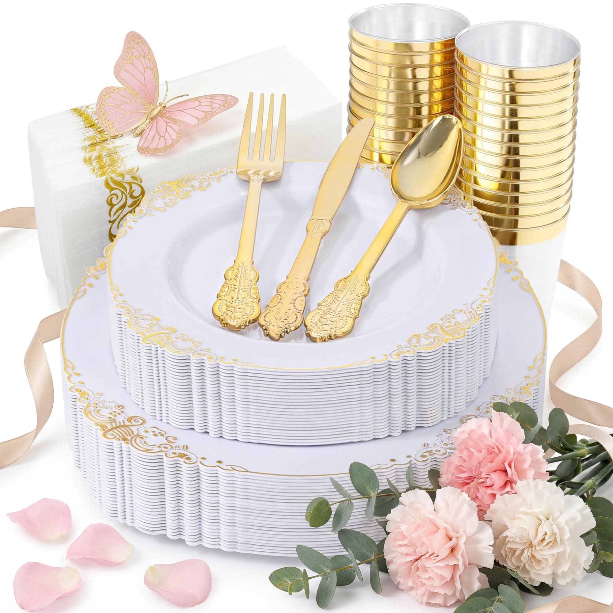 175PCS White and Gold Plastic Plates - Disposable Dinnerware Set Include 50 Gold Plates for Dinner and Dessert, 75 Cutlery, 25Cups 25Napkins for Wedding & Party & Mother's Day