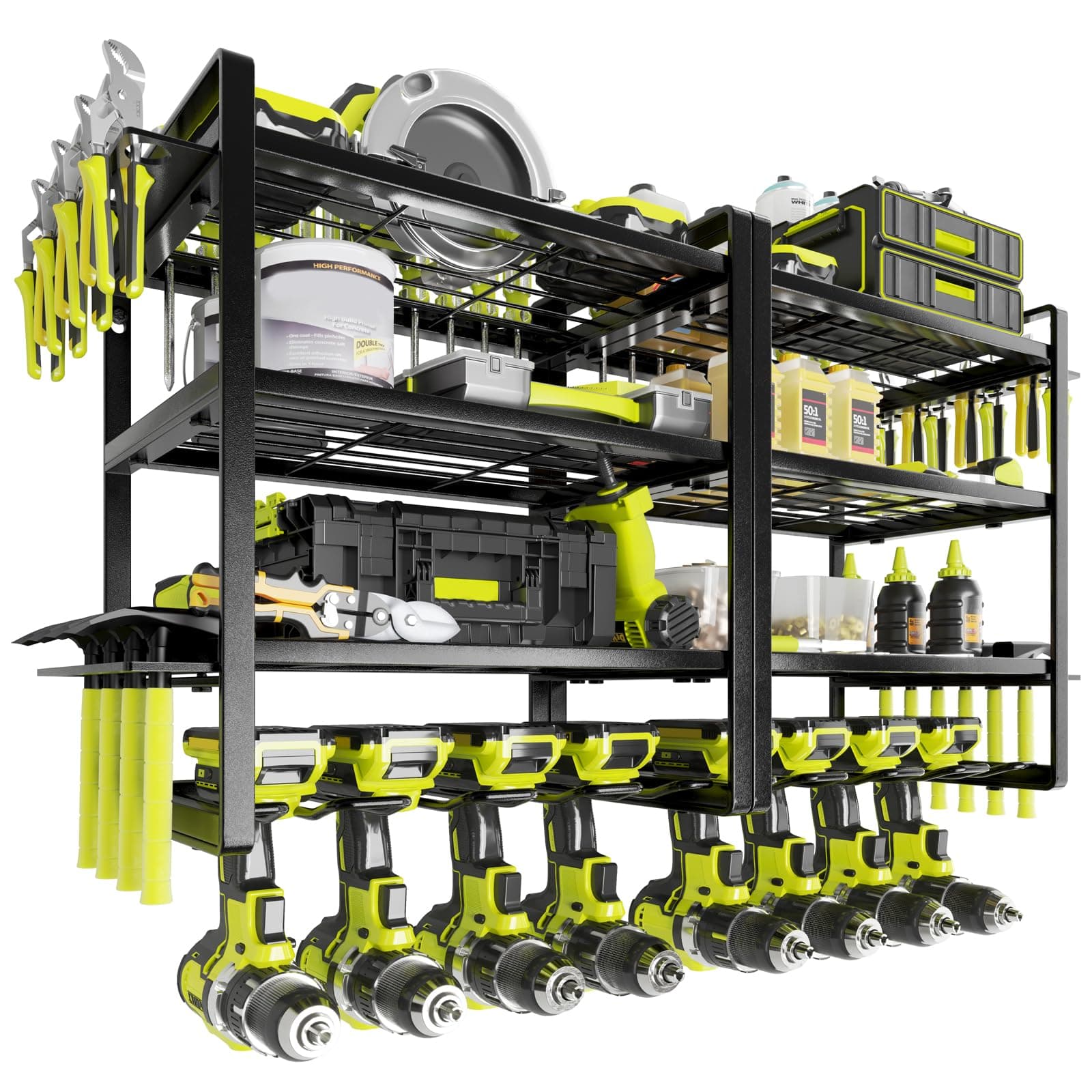 Power Tool Organizer Wall Mount, 4-Tier Drill Holder for Cordless Tools, 2-Pack Set, Garage Storage Rack with Side Hooks for Hammers & Pliers, Tool Organizer for Workshop/Utility Room