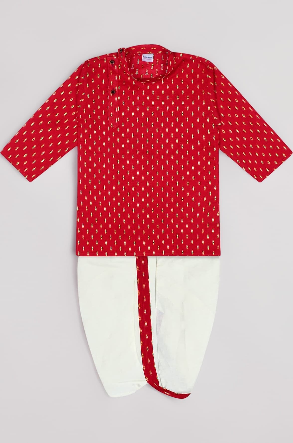 Boy's Cotton Kurta with Dhoti - Golden Thread Work, Solid Round Collar, Full Sleeves, Side Button Kurta Set for Ethnic Wear