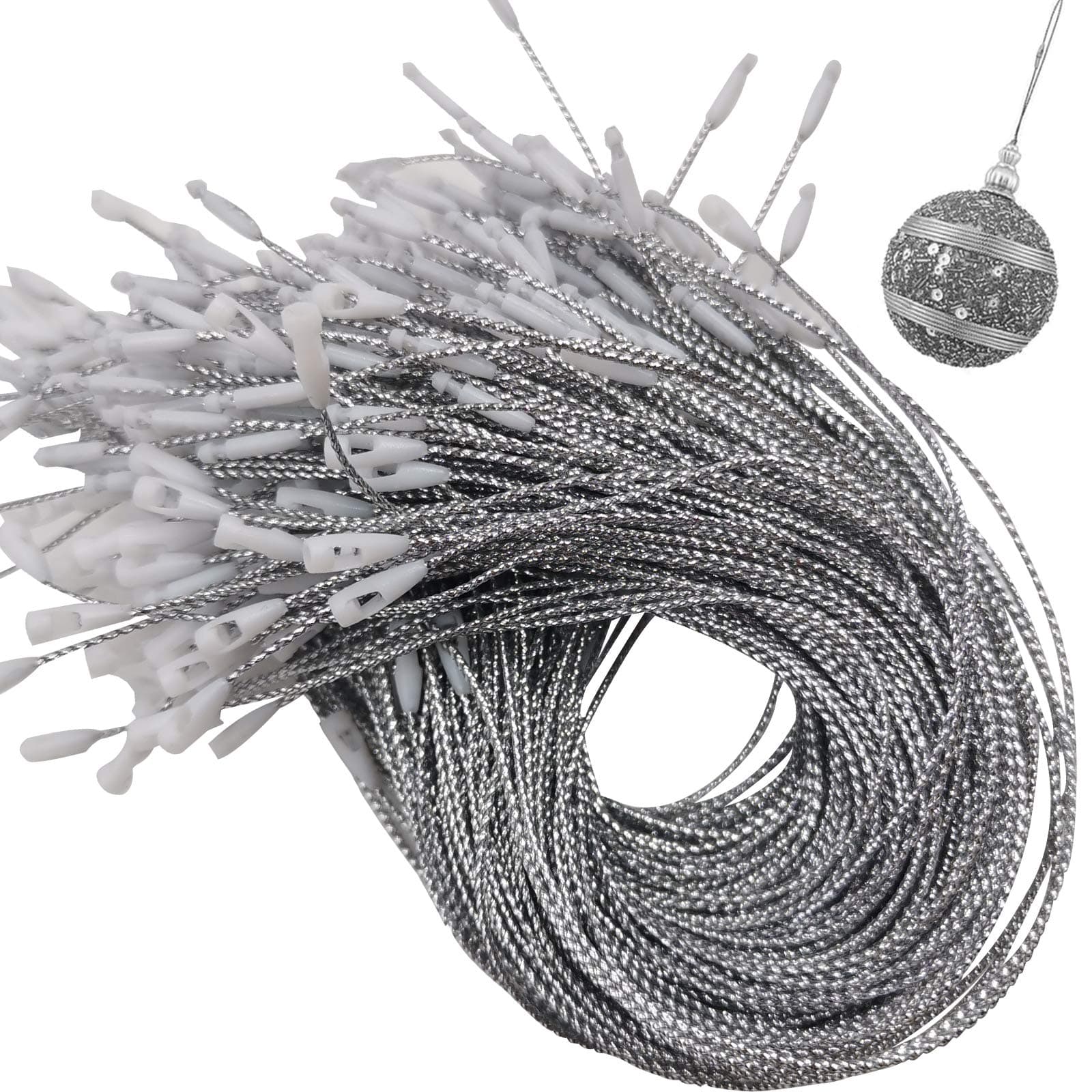 GuassLee200Pack Silver Christmas Ornament Hanger Snap Locking String, Precut Hanging Ropes Fasteners Polyester Ropes for Christmas Tree Ornament Decorations