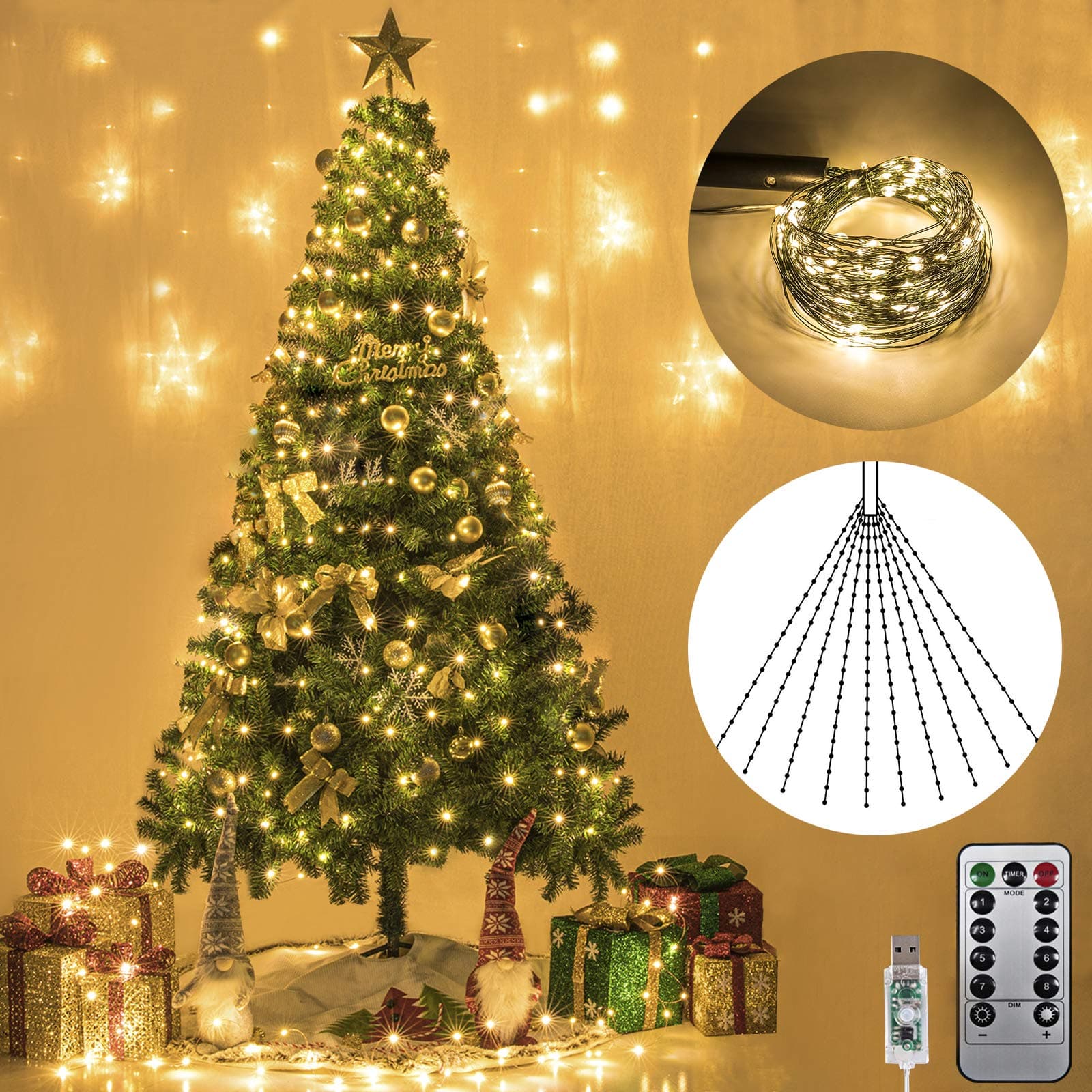 AWQ 200 LED 6.6FTx10 Christmas Tree String Lights 8 Modes LED Fairy String Lights USB Powered with Remote Control for Christmas Tree Wedding Party Home Decoration