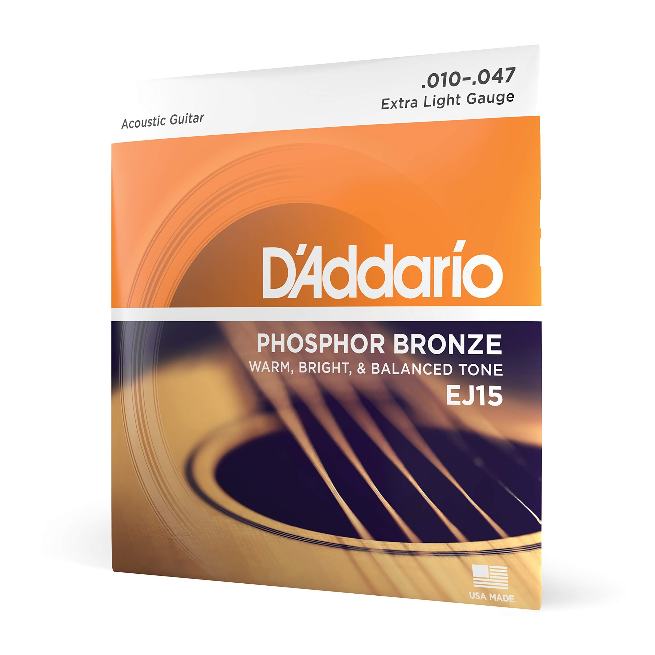 D'Addario Acoustic Guitar Strings, Phosphor Bronze, EJ15, Extra Light Gauge 10-47, 6-String Set, Pack of 1