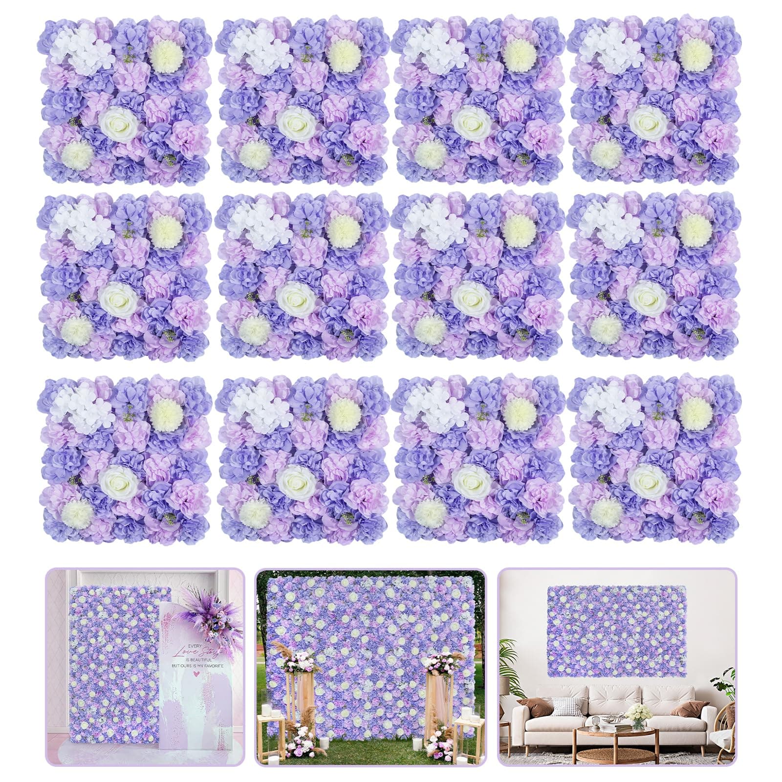 Artificial Flower Backdrop Wall Panels 5ftx3.74ft Lavender Wedding Background 3D Rose Fake Floral Wall for Party Baby Shower Birthday Decor