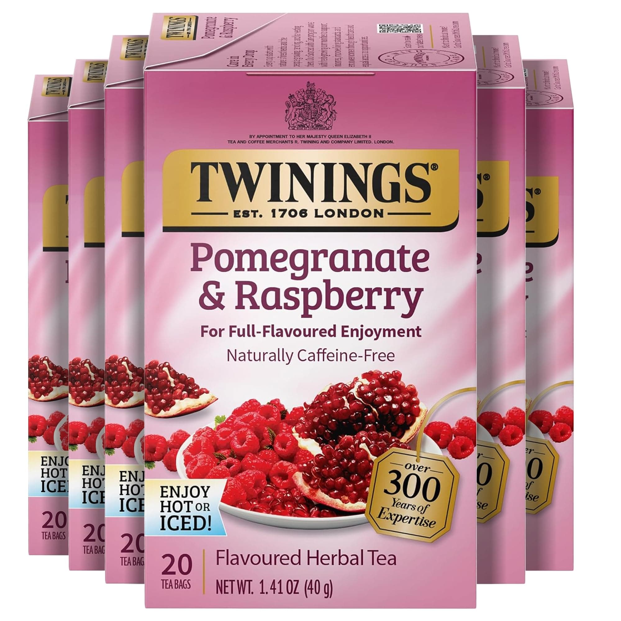 Twinings Pomegranate & Raspberry Herbal Tea, 20 Count Pack of 6, Individually Wrapped Tea Bags, Naturally Caffeine Free