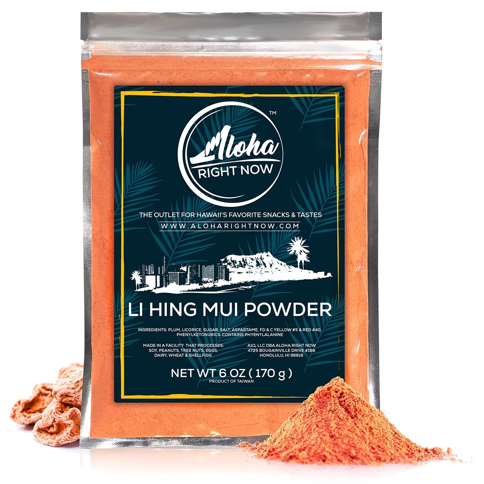Authentic Li Hing Mui Powder 6 oz - for flavoring fruits, candy, & cocktail drinks - Sweet, Sour & Salted Dried Plum Powder - Asian Hawaiian Snacks - Hawaii's Crack Seed & Powder Candy