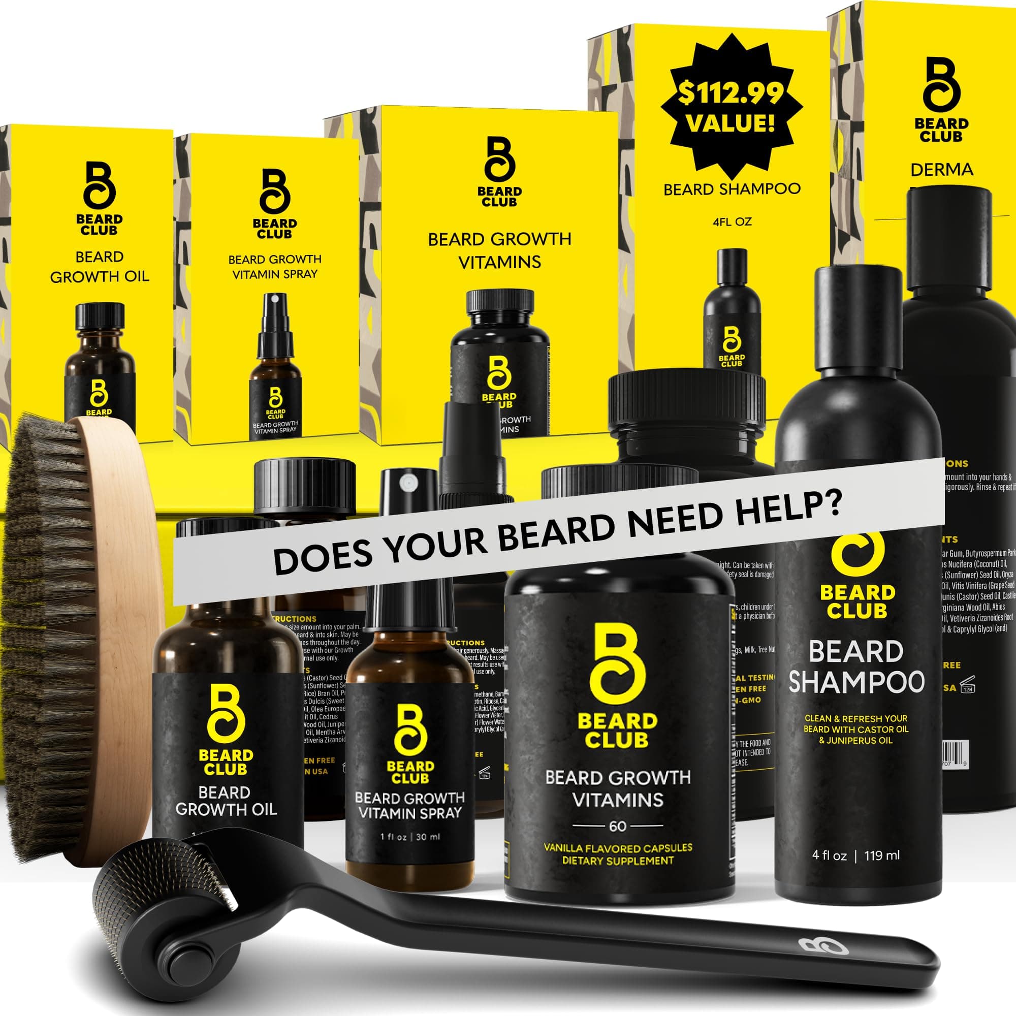 The Beard Club Advanced Beard Growth Kit - Derma Roller, Growth Oil, Vitamins and Vitamin Spray, Shampoo and Boar Bristle Brush - Gift Set - Cedar