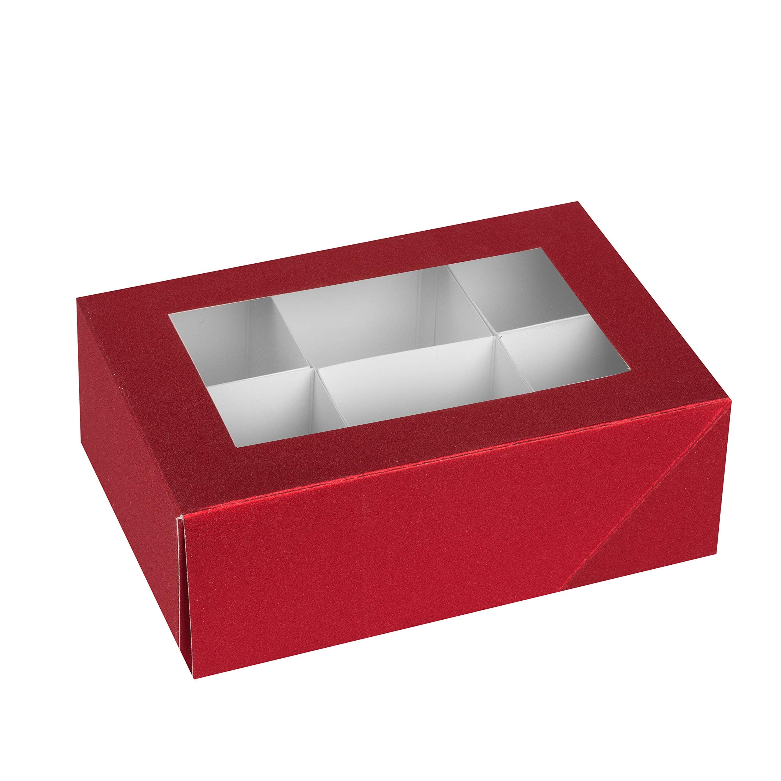 Hammont Window Box with Six Sections - 6 Pack - 7”x5”x2.5” - Red Colored Unique Design Bakery Boxes Perfect for Sharing Snacks and Cookies| 6 Insert Sections Gift Boxes