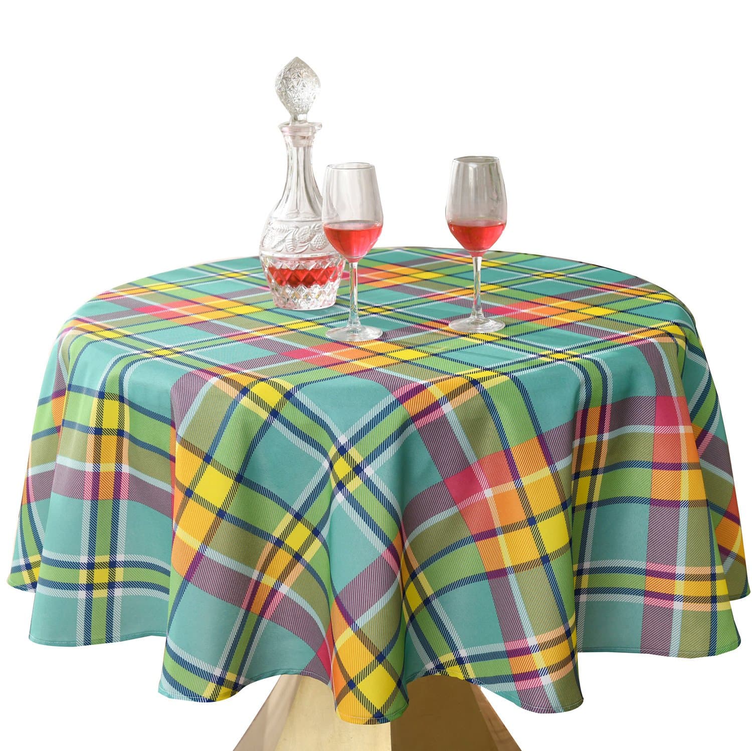 JIATER Modern Plaid Table Cloth Spillproof Polyester Fabric Round Tablecloth (60" Round, Yellow Green Plaid)