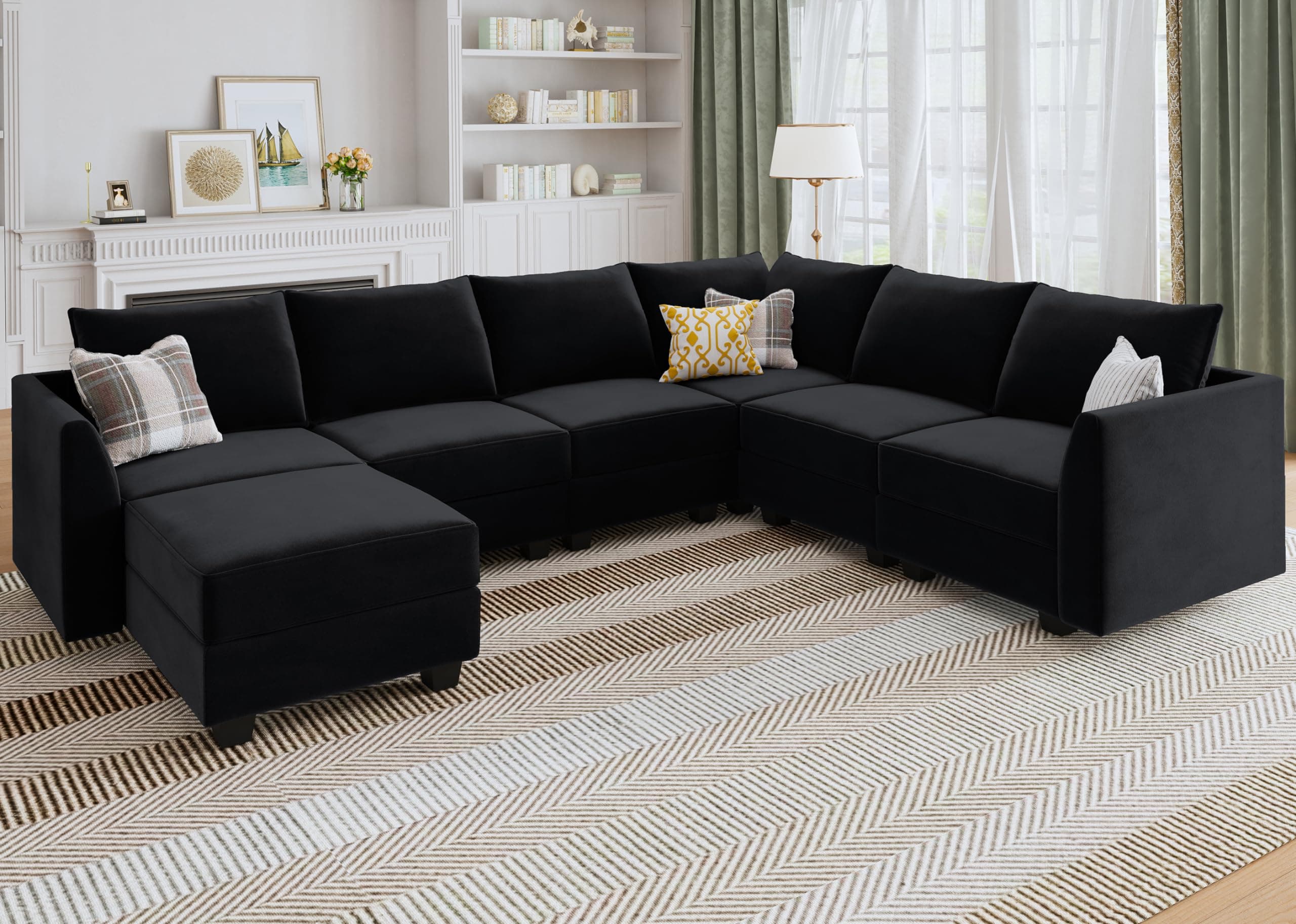 HONBAY Modular Sectional Sofa Velvet U Shaped Couch with Storage Sectional Couches for Living Room, Black