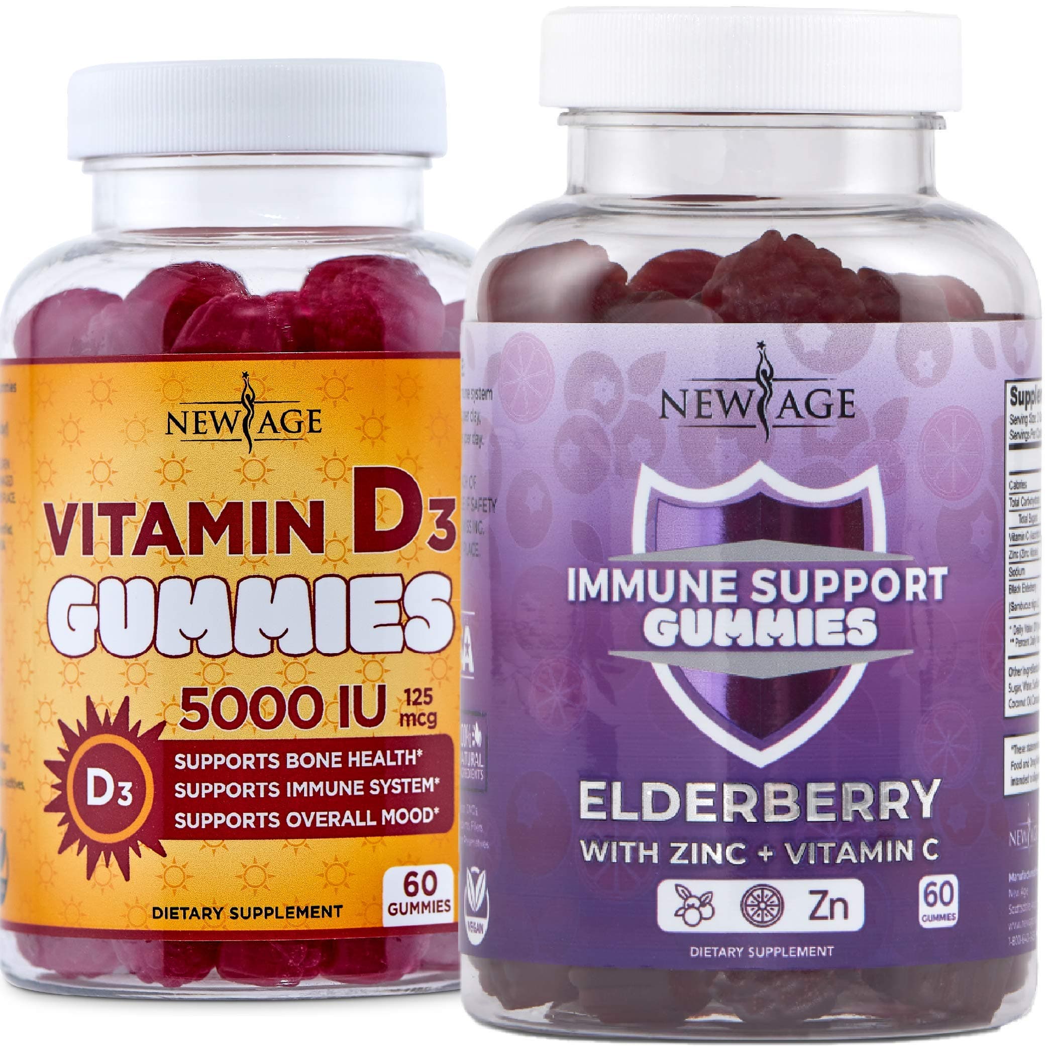 NEW AGE Ultimate Immune Support Gummies - 2 Pack - Sambucus Black Elderberry Extract with Vitamin C and Zinc Gummies 60 Count & Vitamin D3 5000 IU Gummies - 120 Count