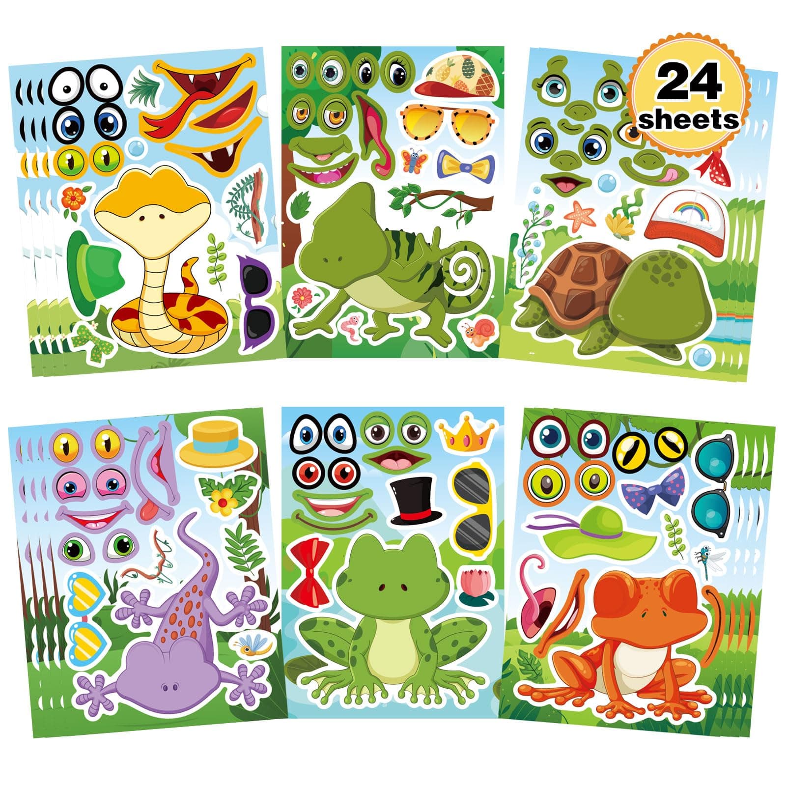 24 PCS Make-a-face Sticker for Kids, Make Your Own Reptile Animal Mix and Match Sticker with Snakes, Lizards, Frogs, Turtles, Kids Party Favor Supplies Craft