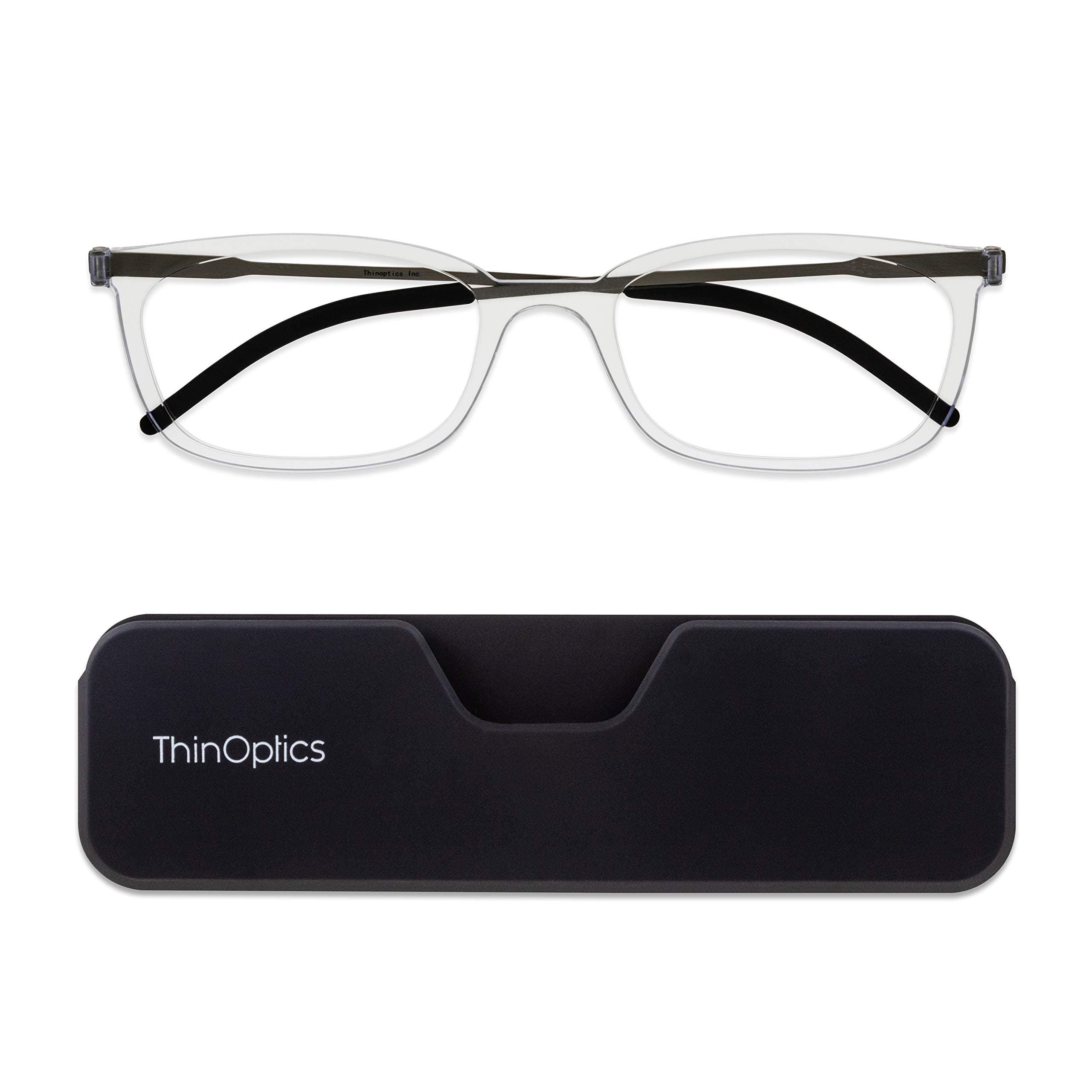 ThinOptics Connect Ultra-Thin Reading Glasses 2.00 Clear Frames - Magnetic Case Attaches to Phone - +2.0 Strength Rectangular Readers - Unisex for Men & Woman