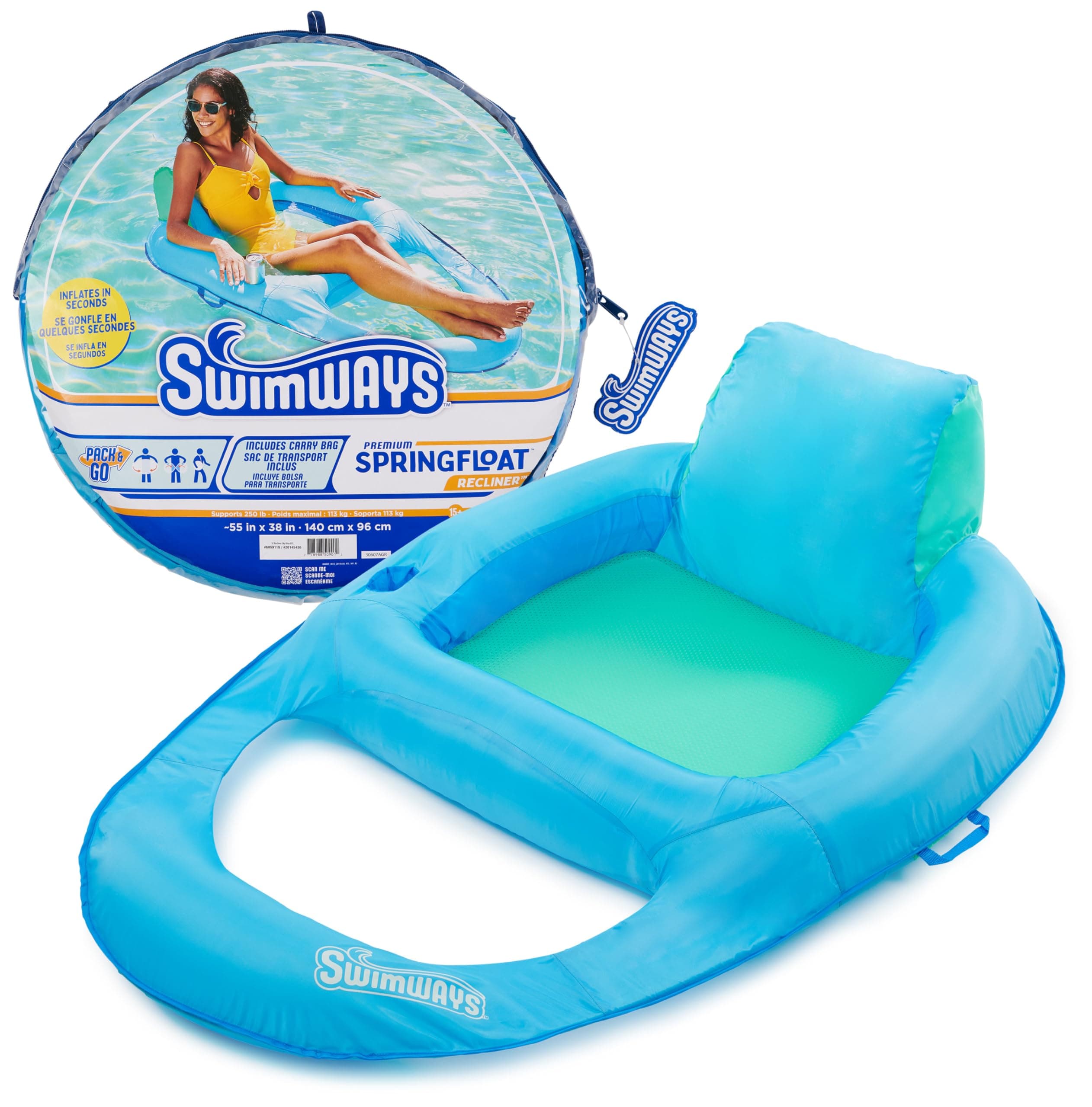 Spring Float Premium Recliner Pool Lounger, Inflatable Pool Floats Adult with Fast Inflation for Ages 15 & Up, Sky Blue