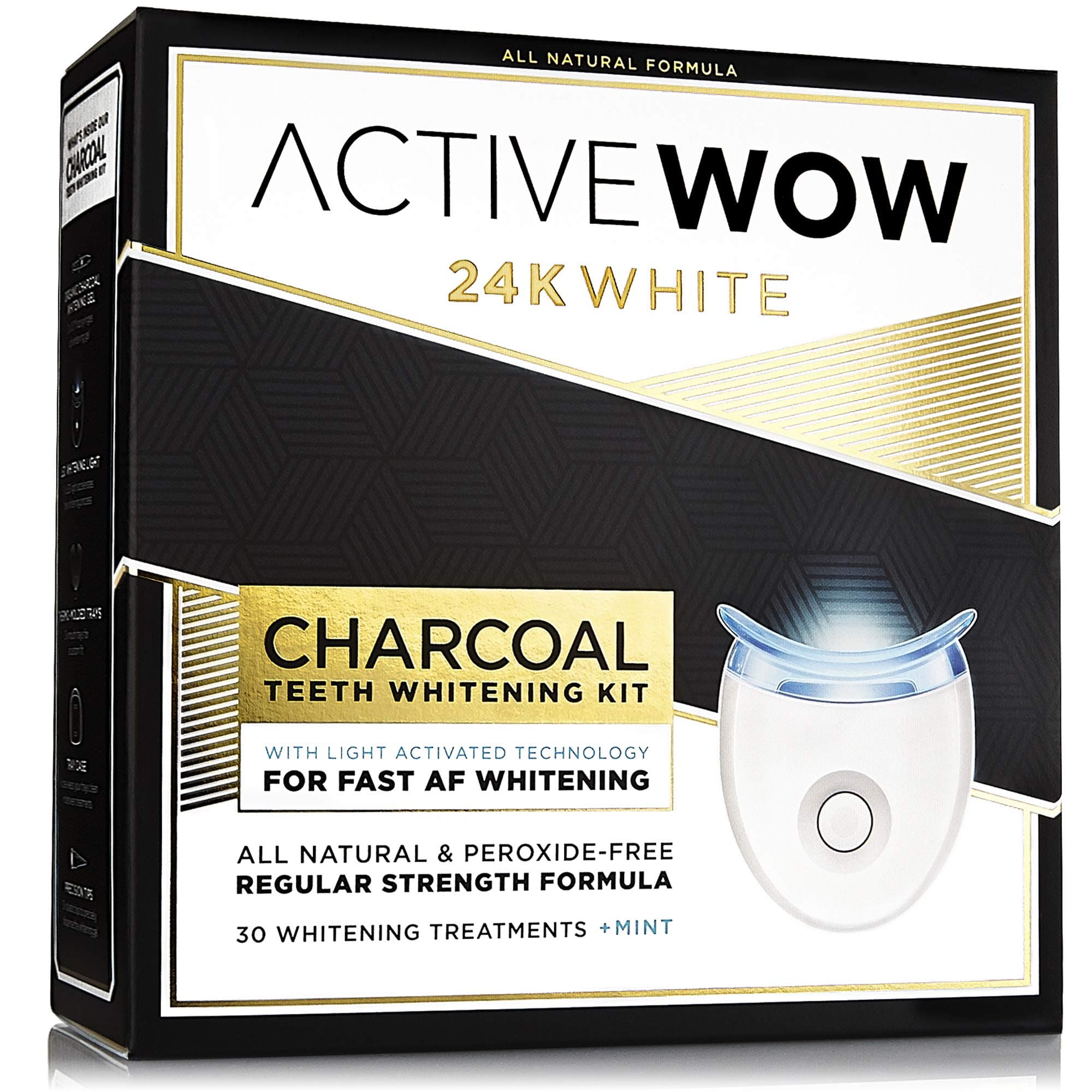 Active Wow 24k White Charcoal Teeth Whitening Kit - LED Teeth Whitening Kit with LED Light, Fluoride Free, Mint Flavor, 30 Treatments