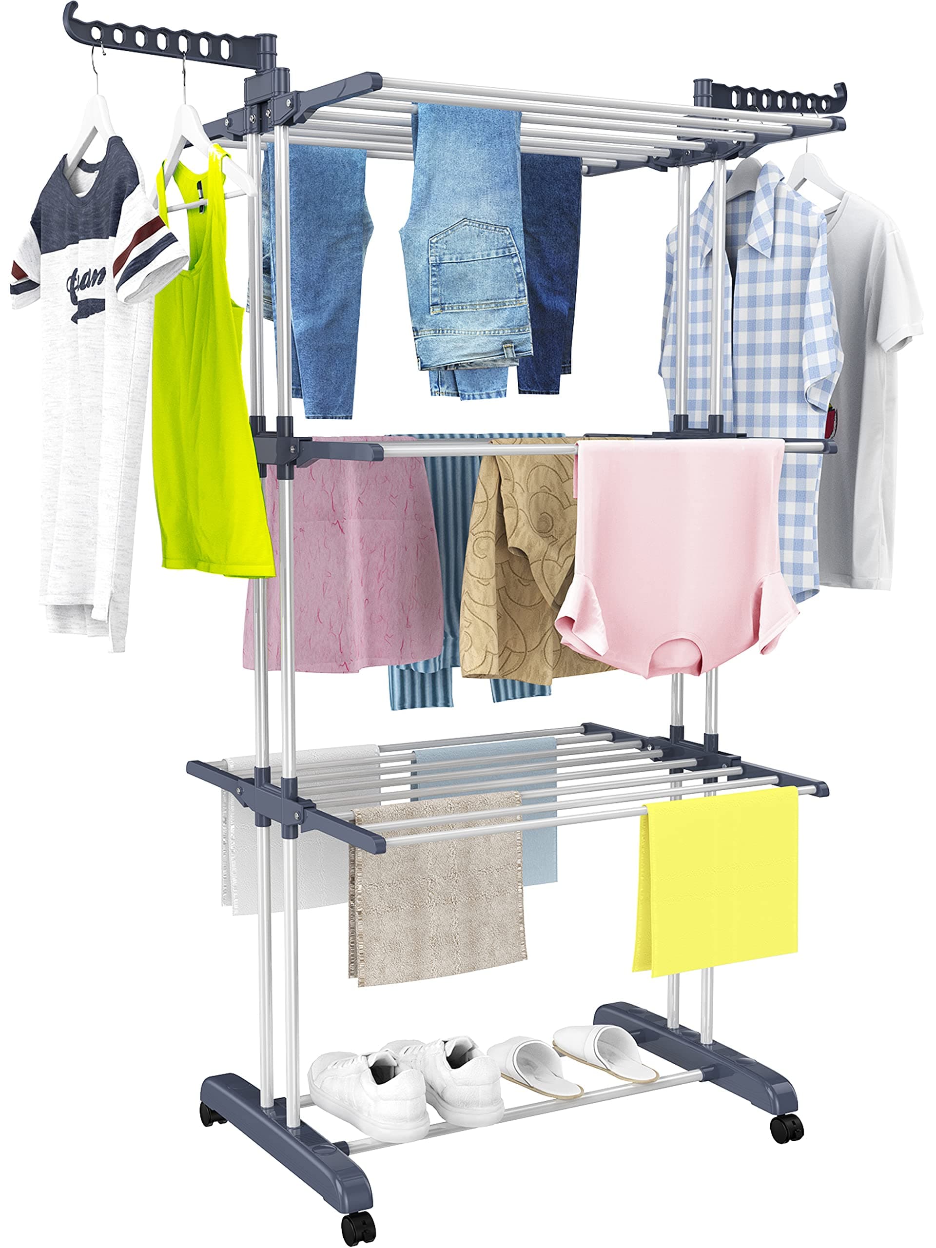 Clothes Drying Rack, Oversized 4-Tier(67.7" High) Foldable Stainless Steel Movable Drying Rack with 4 castors, 24 Drying Poles & 14 Hooks for Bed Linen, Clothing, Grey