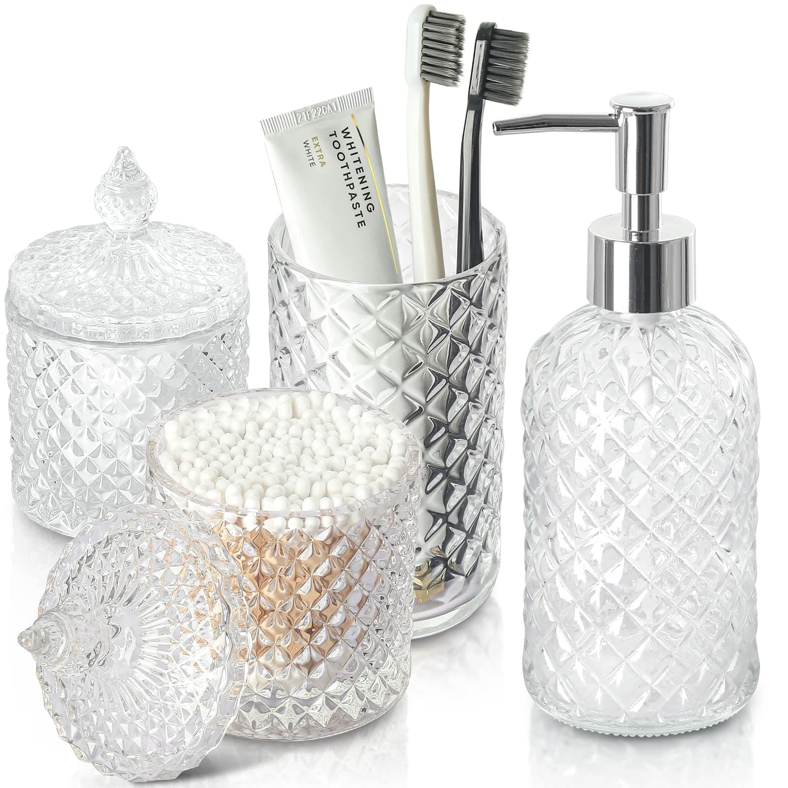 Bathroom Accessories Set, 4 Pack Clear Glass Bath Accessory Sets Complete, Diamond Soap Dispenser and Toothbrush Holder Set for Bathroom Counter Organizer Essentials, Modern Bathroom Decor
