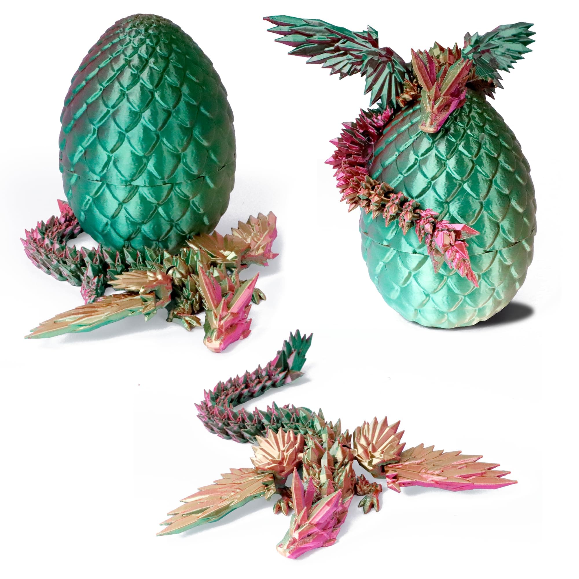 3D Printed Dragon in Egg - Dino Egg with 9" Winged Dragon Inside, Cool Fidget Toy, Birthday Gift, Flexible Desk Pet Figure(Green Fuchsia Gold)