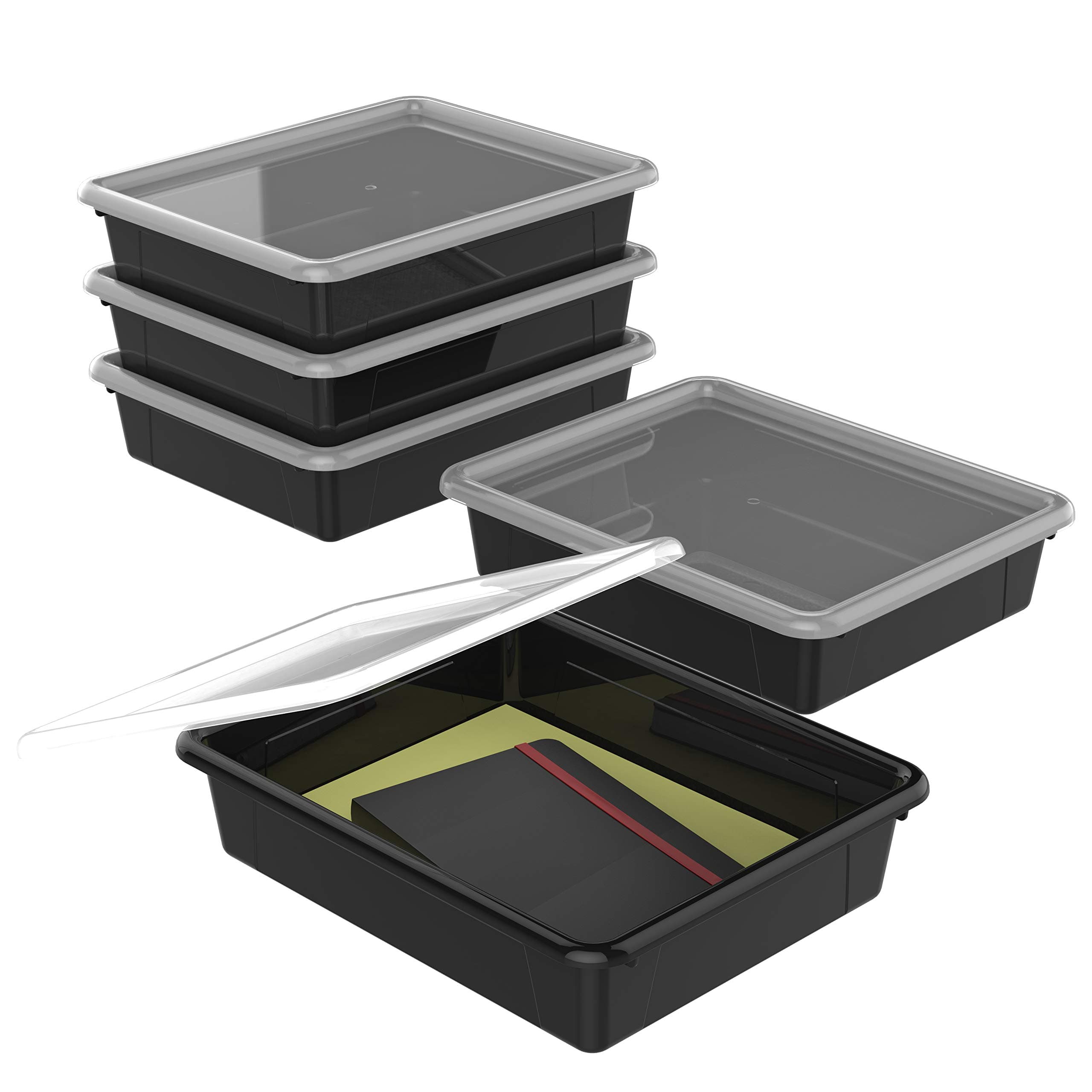 Letter Size Flat Storage Tray – Organizer Bin with Non-Snap Lid for Classroom, Office and Home, Black, 5-Pack (62535U05C)