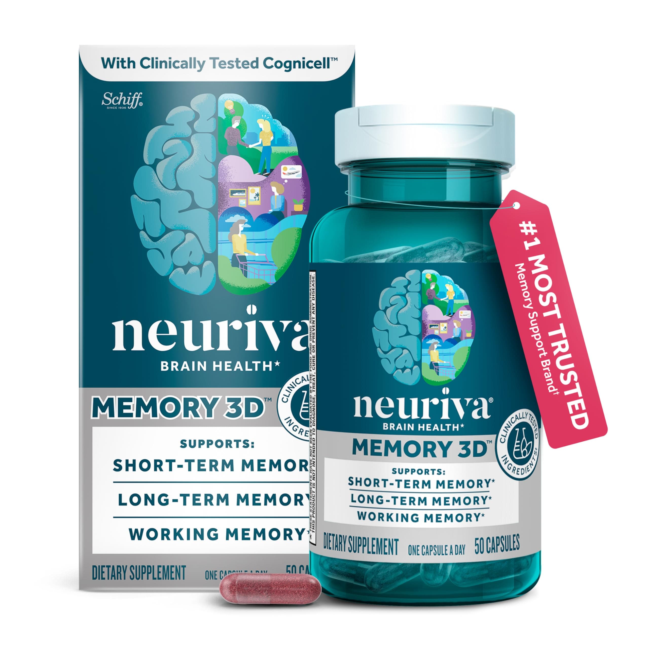 Memory 3D Brain Supplement - Decaffeinated Nootropic Capsules for Memory, Focus, & Cognitive Function - Short Term, Long Term, & Working Memory Support - 50ct