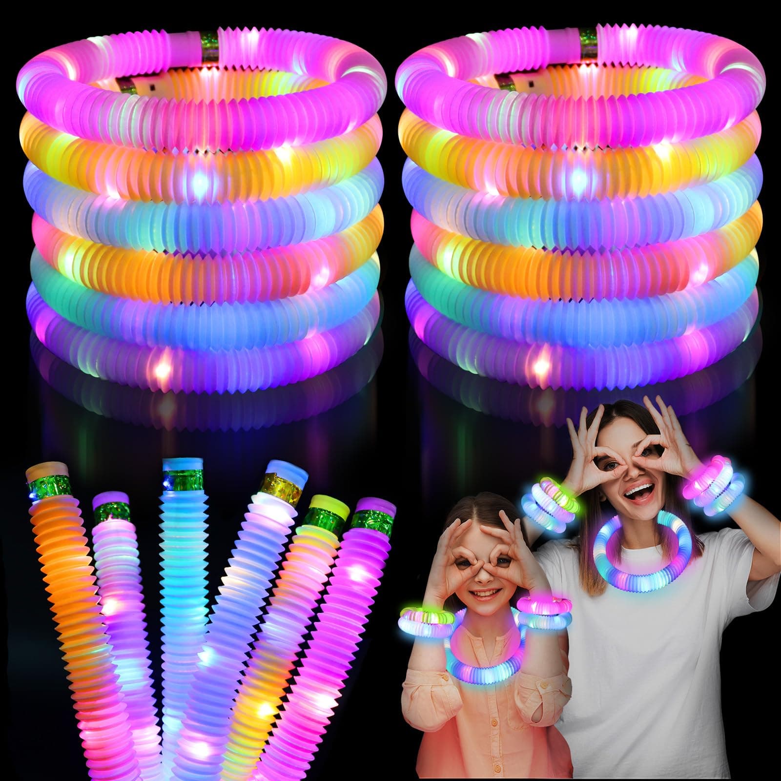 LITFP Light Up Glow Sticks Fidget Pop Tubes, 24 Pack Glow in The Dark Party Supplies Toddler Sensory Toys, Glow Stick Thanksgiving Christmas Party Favors Party Pack Gifts for Kids