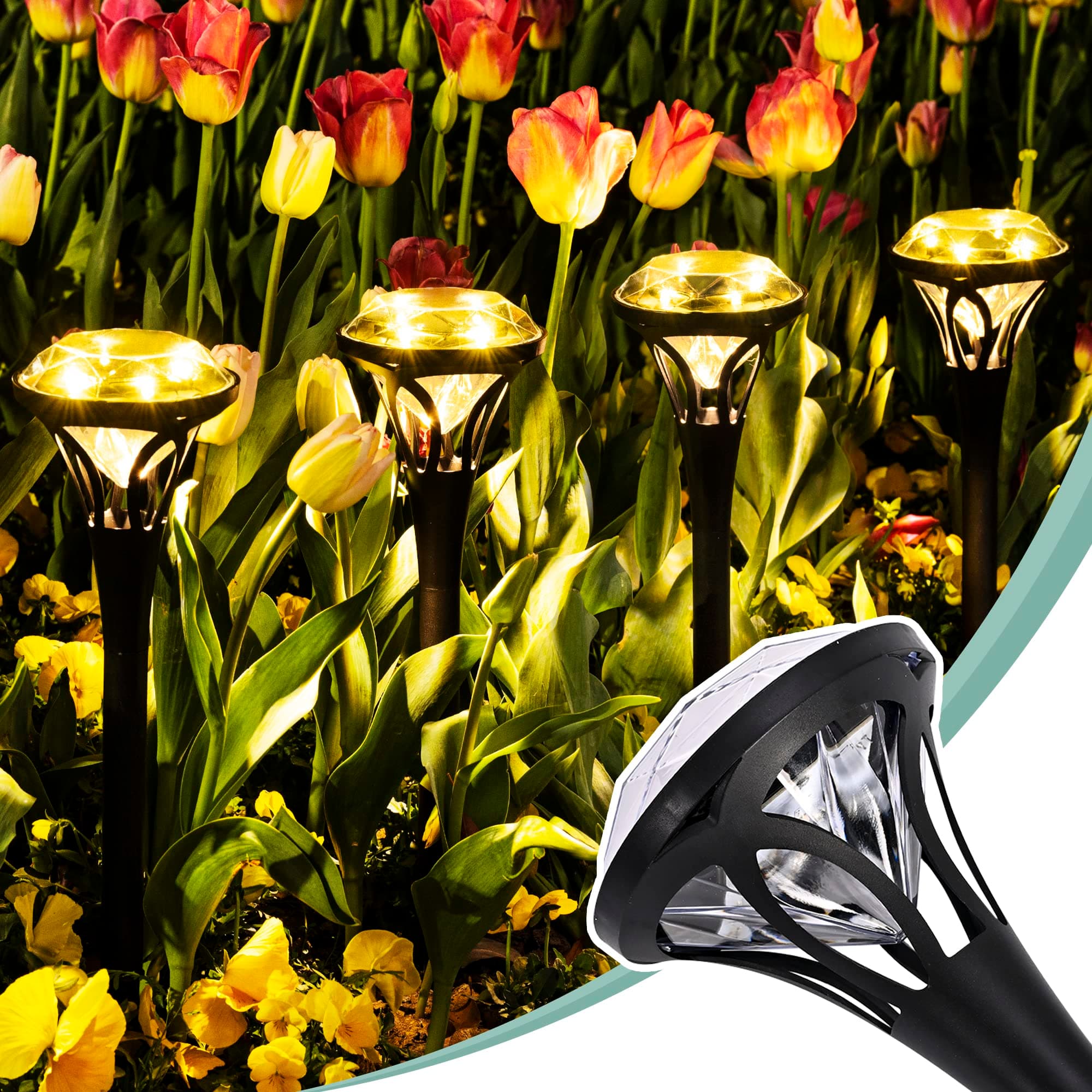 SOLPEX8 Pack Diamond Solar Garden Lights, Bright 5 LED Solar Lights for Outside, Waterproof Solar Pathway Lights, Up to 12 Hours of Lighting for Yard, Landscape, Walkway, Driveway