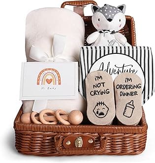 Baby Shower Gifts, Baby Gifts for Girls Boys, Unique Baby Gifts Basket Essentials Stuffs - Baby Lovey Blanket Newborn Bibs Socks Wooden Rattle & Greeting Card, Newborn Baby Gift Set