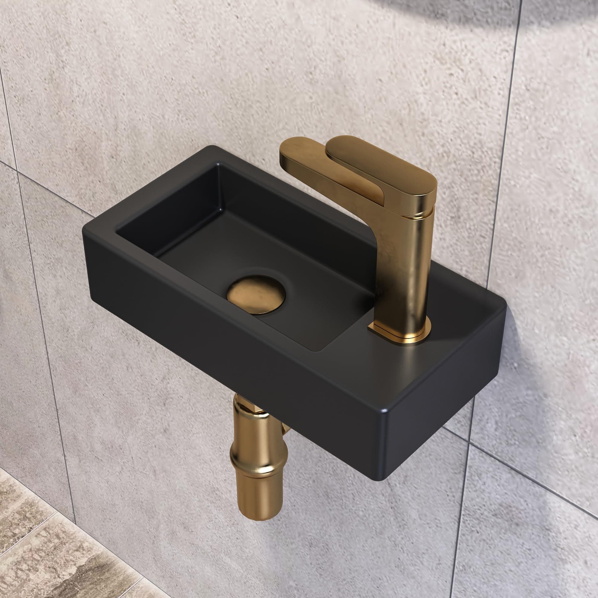 Small Bathroom Sink, 15"x7" Mini Rectangle Wall Mount Vessel Sink for Bathroom Powder Room Cloakroom, Floating Space Saving Design, Easy to Clean Matte Black Ceramic Wash Basin (Right Hand)