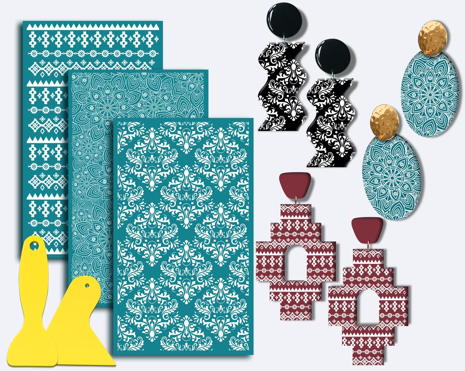 BABORUI Mandala Silk Screen for Polymer Clay, Polymer Clay Kit, 3Pcs Reusable Silk Screen Stencils with 2Pcs Clay Scraper Tools for Polymer Clay Cutters Making Earring Jewelry