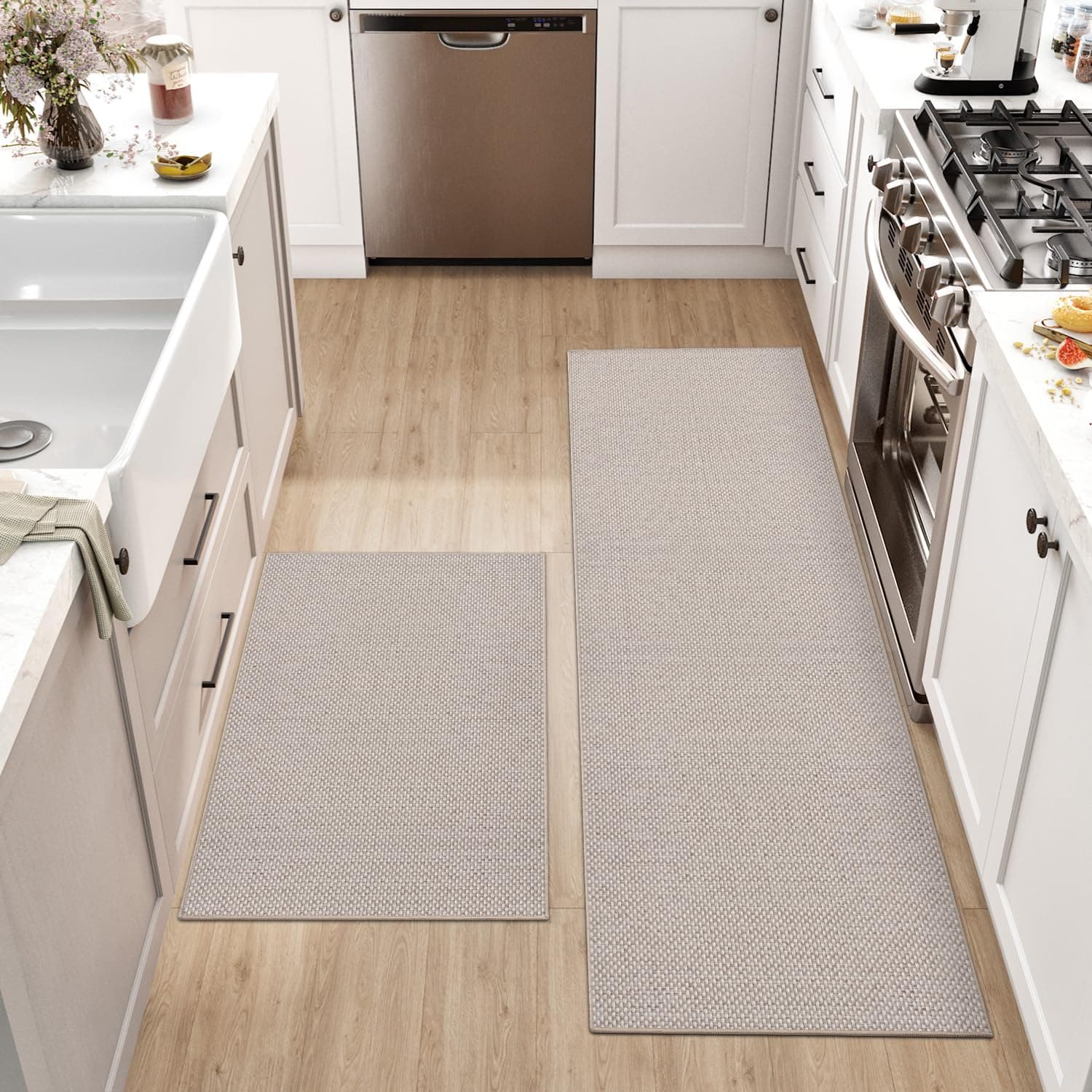 – DEXI Kitchen Rug Mat Sets, Rubber Backed Long Floor Mats Non Slip Washable, 2 Pieces Carpet Runner Rugs for Hallway, Dining Room and Entrance, 43x75cm+43x150cm, Beige