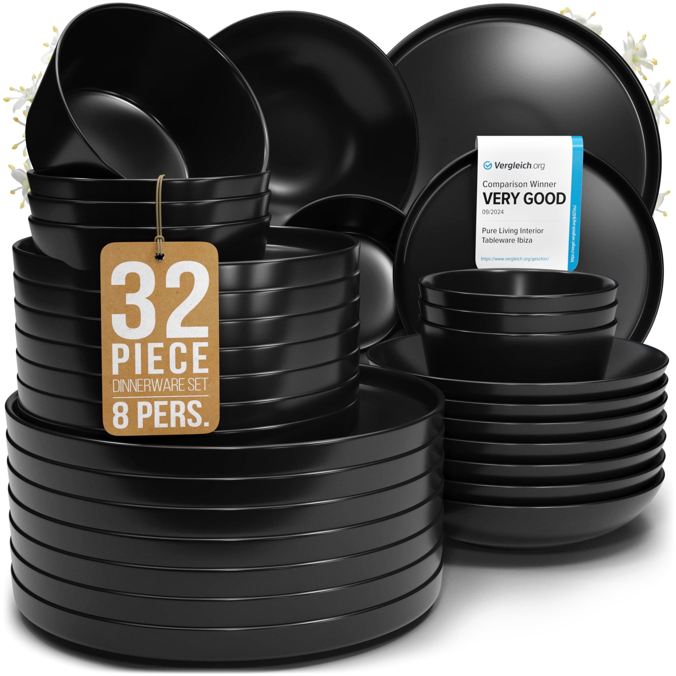 32 Piece Black Dinnerware Set for 8 | Matte Black Plates and Bowls Sets, Modern Stoneware Black Dishes Set | Scratch Resistant, Dishwasher & Microwave Safe | Matte Black Finish Ultra-Chic & Modern