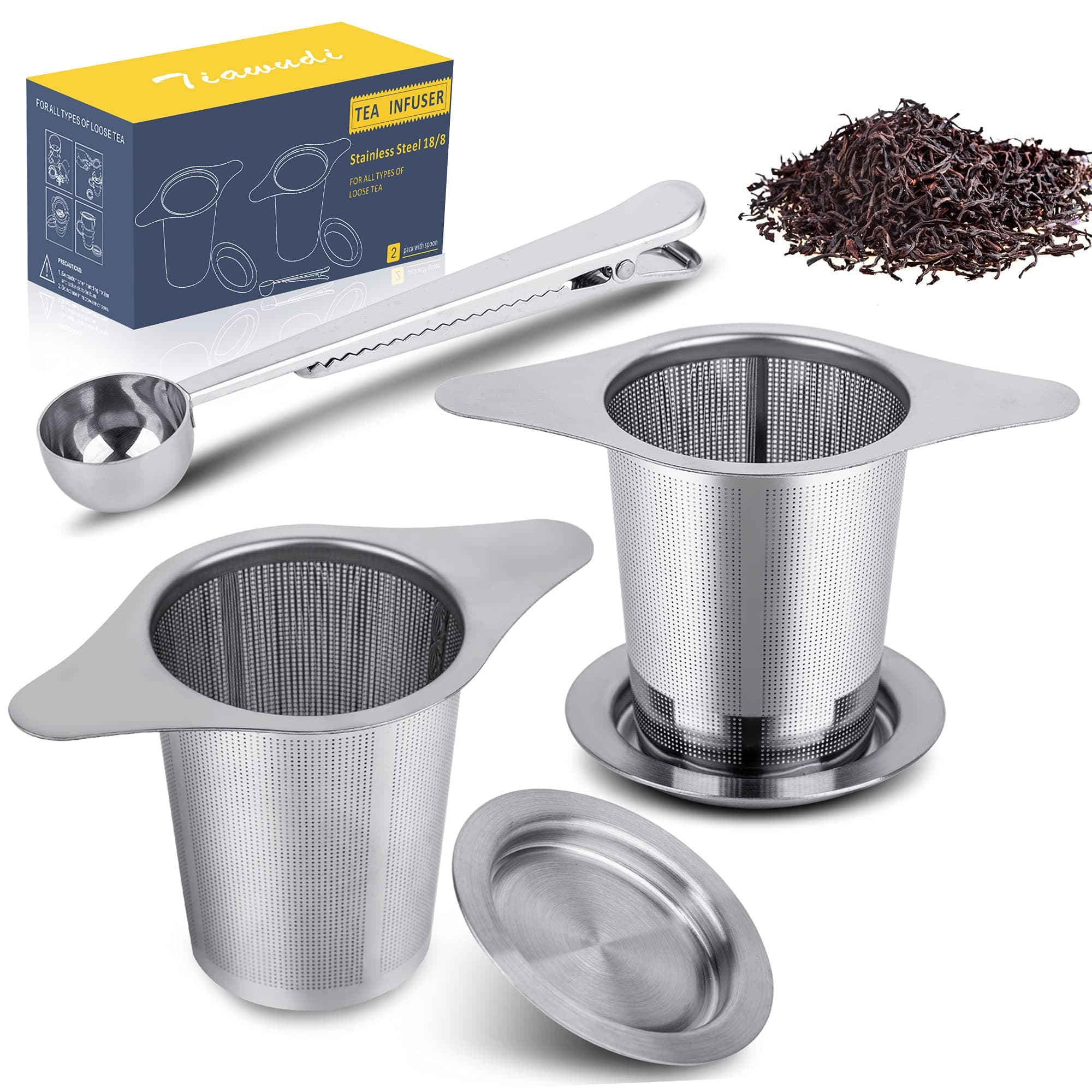 2 Pack Stainless Steel 18/8 Extra Fine Tea Infuser, Large Capacity with Double Handles for Hanging on Teapots, Mugs, Cups to Steep Loose Leaf Tea and Coffee, Tea Steeper with Tea Scoop Clip