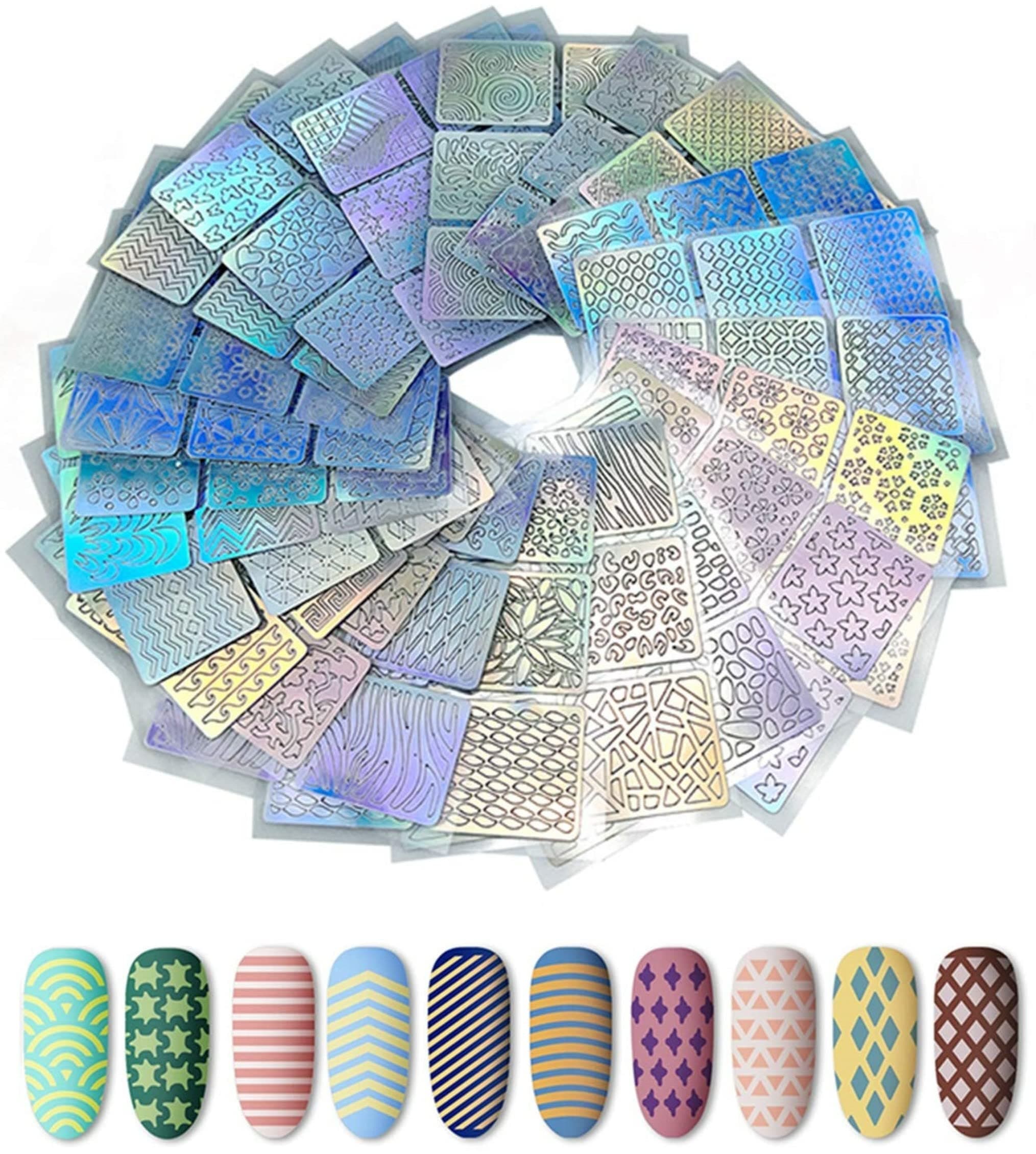 Careflection 144 Pieces - 24 Sheets - 72 Different Designs Cute Easy Nail Art Stencil Sticker Adhesive Salon Vinyls Ping Printing Image Stamps Guide Decorative Manic