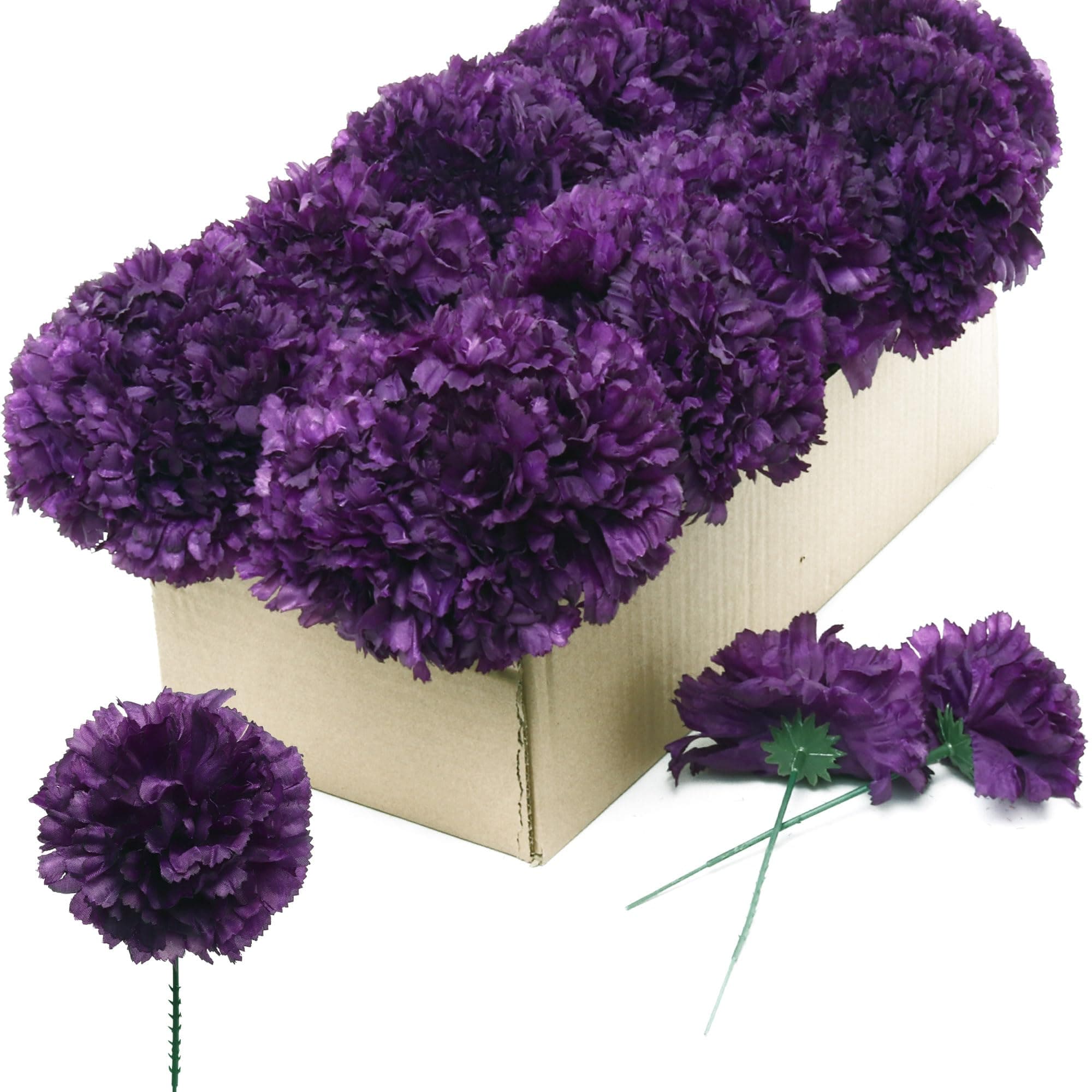 Purple Real Touch Silk Carnation Picks - 100 Count Bulk Artificial Flowers for Weddings, DIY Decor - 3.5"" Heads, 5"" Stems