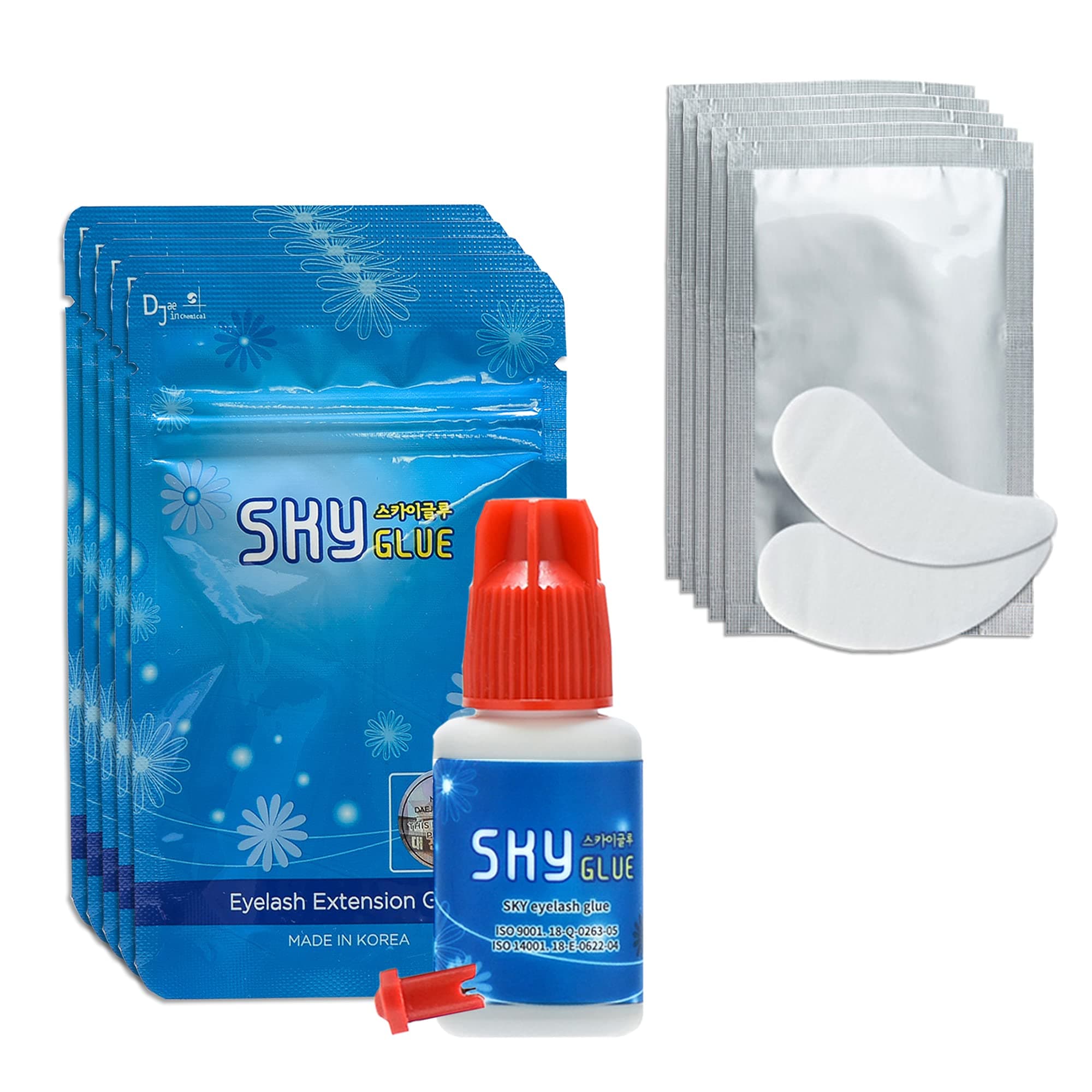 5 Bottles Long Retention Eyelash Extensions Glue Sky S+ 5ml Professional Black Eyelash Extension Adhesive 1-2s Fast Drying 6-8 Weeks Lasting time by KBS with 5 Eyepatches (FiveFive Pack)