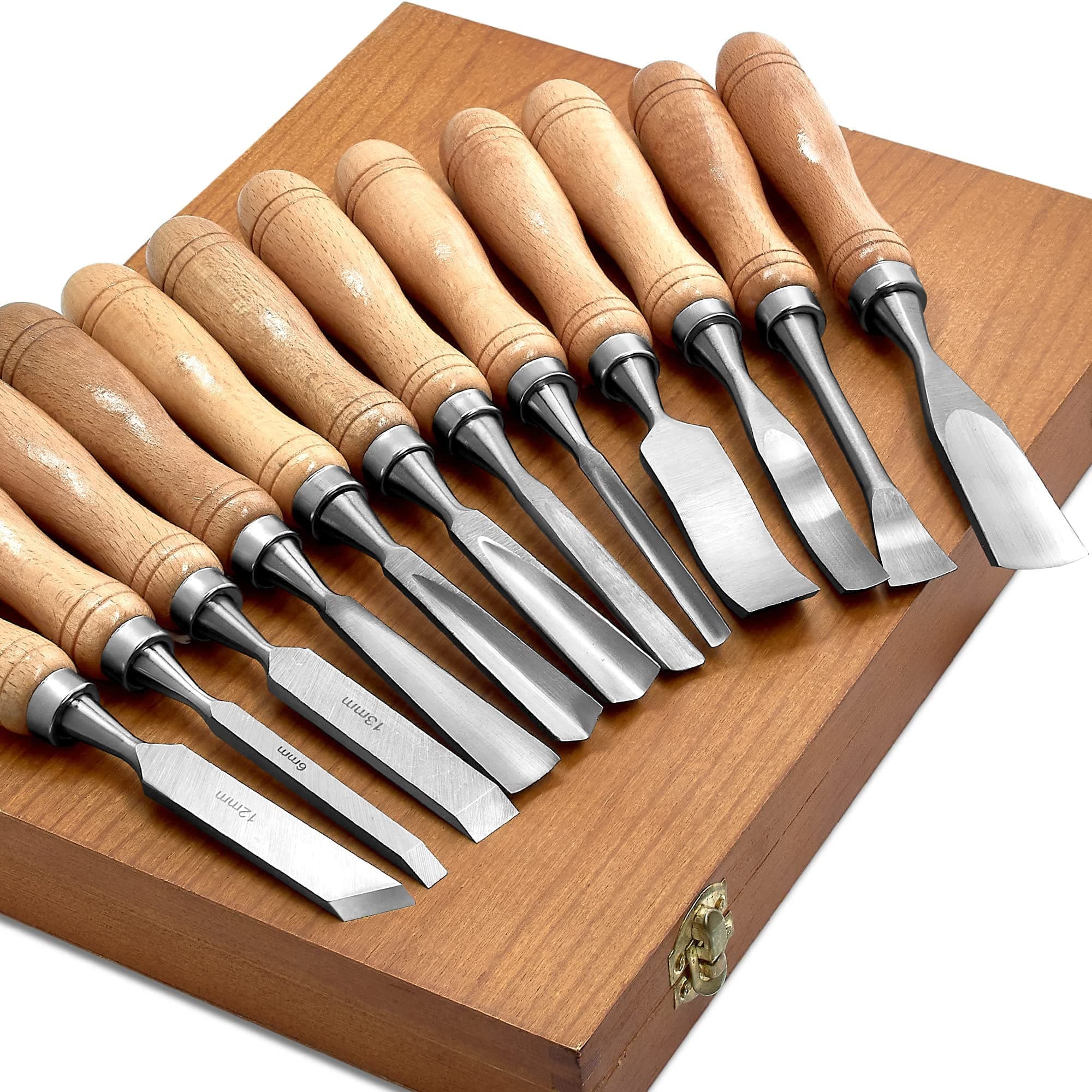 SELFIE CAT 12 Piece Wood Chisel Set for Woodworking Tools Wood Carving Tools with Wooden Case Wood Carving Kit for Beginners and Professionals