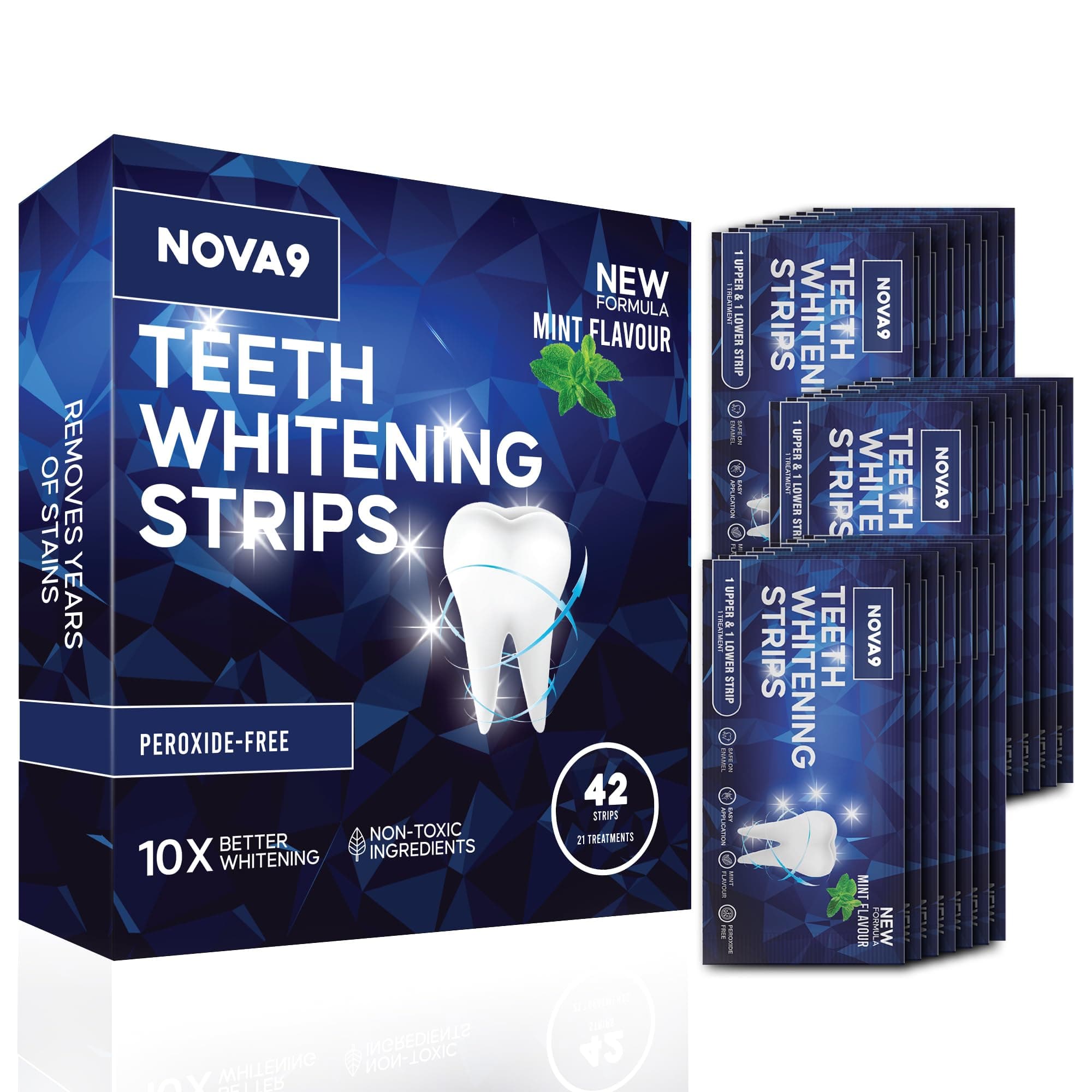 Nova9 Premium Teeth Whitening Strips, 42 Tooth White Strips, Sensitivity Free Whitening Kit, Pap+, Peroxide Free, 21 Day Treatments, UK Dentist Formulated and Enamel Safe + Gel Pen Whitener
