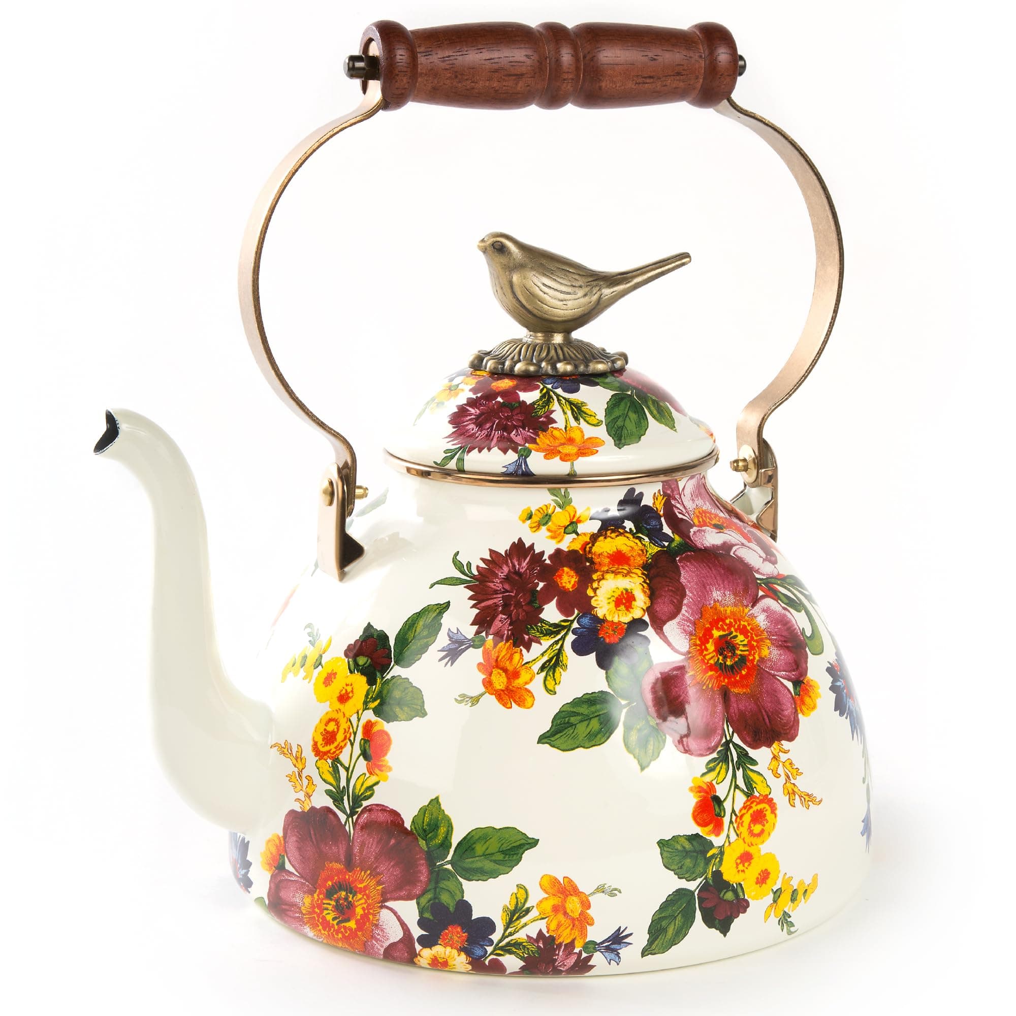 MACKENZIE-CHILDS Enamel Tea Kettle, Cute Kitchen Kettle for Stovetop, 3-Quart Capacity, White Flower Market with Bird Topper